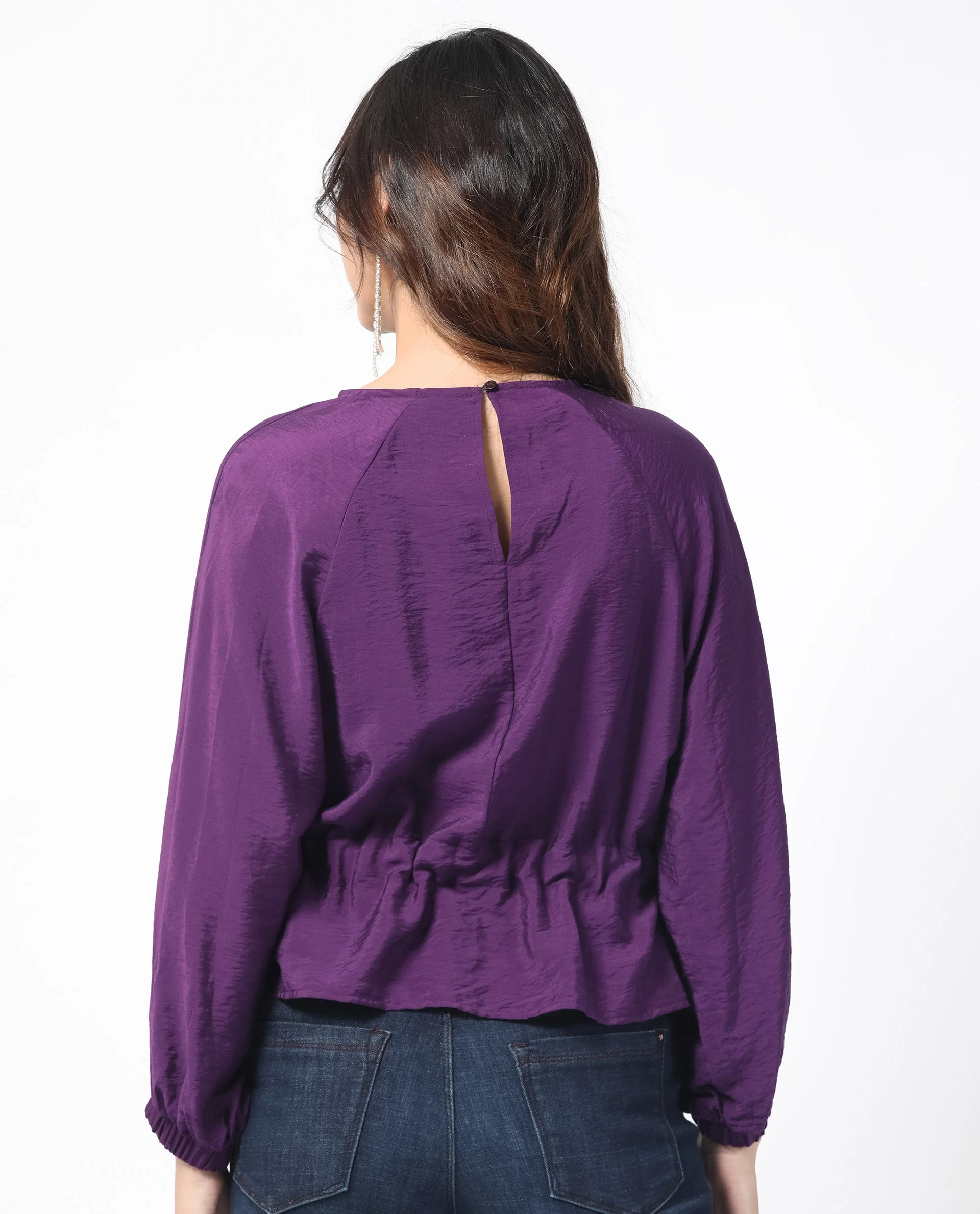 Rareism Women's Elber Dark Purple Polyester Blend Crew Neck Plain Bell Sleeve Relaxed Fit Top - Image 8