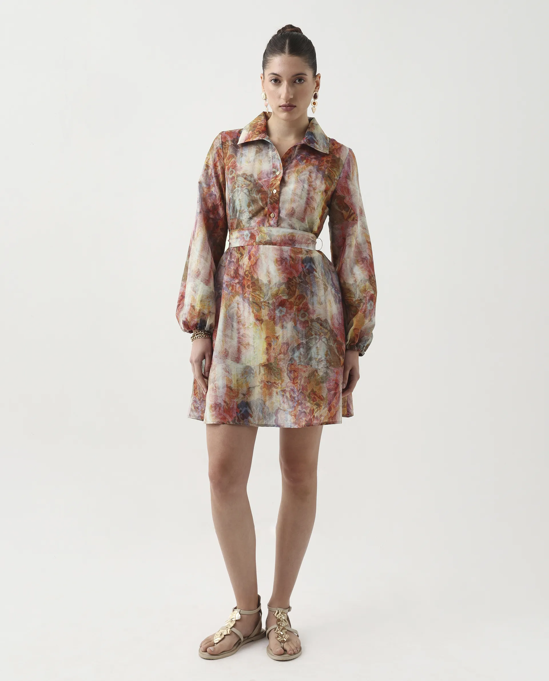 Rareism Women's Elbon Multi Polyester Collared Neck A-Line Printed Dress - Image 2