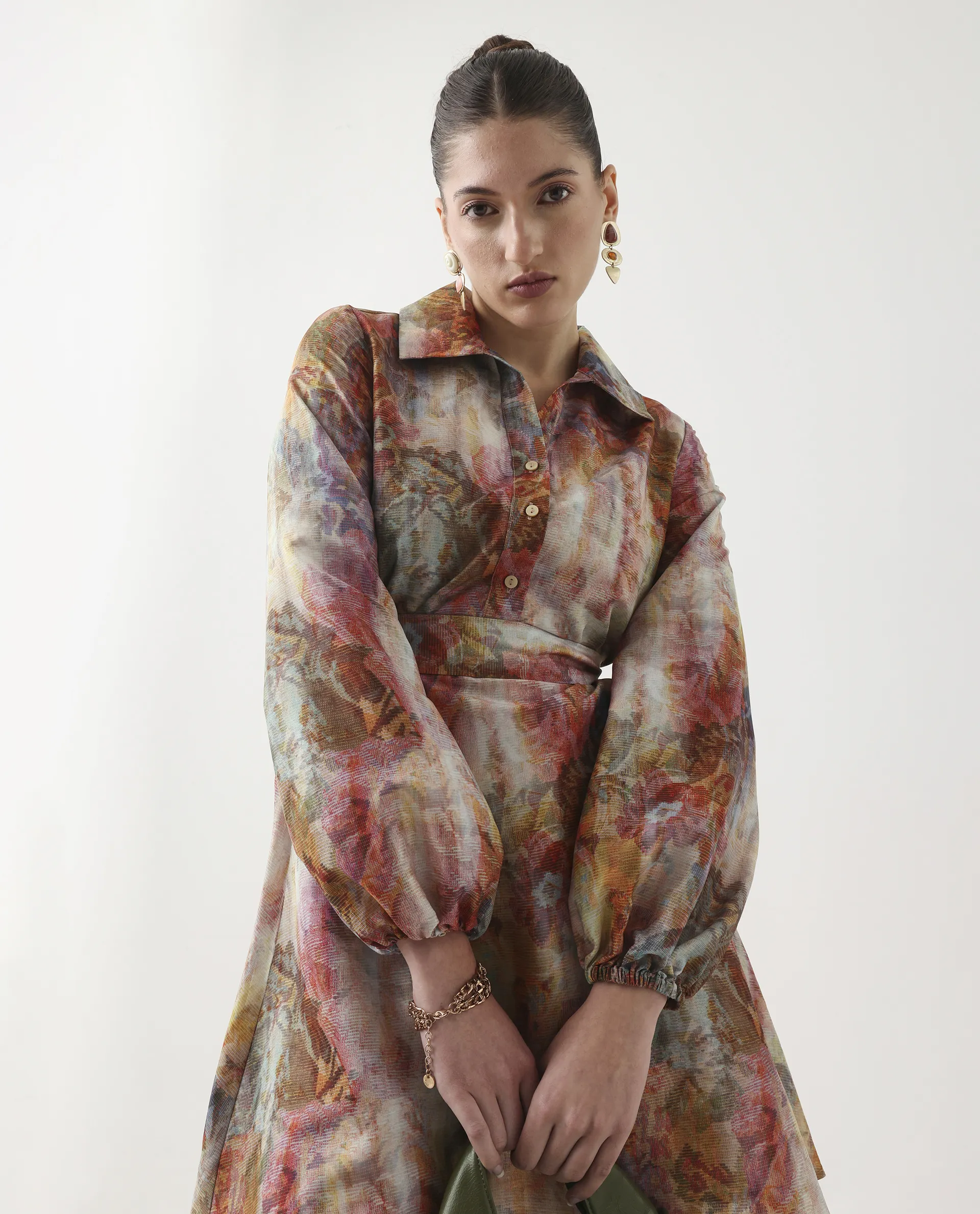 Rareism Women's Elbon Multi Polyester Collared Neck A-Line Printed Dress - Image 4