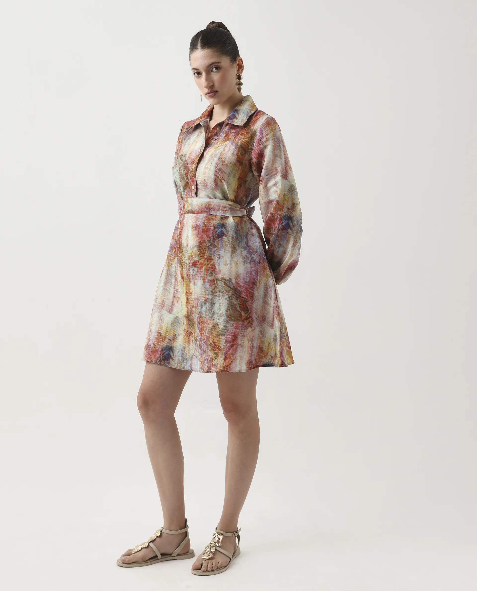 Rareism Women's Elbon Multi Polyester Collared Neck A-Line Printed Dress - Image 5