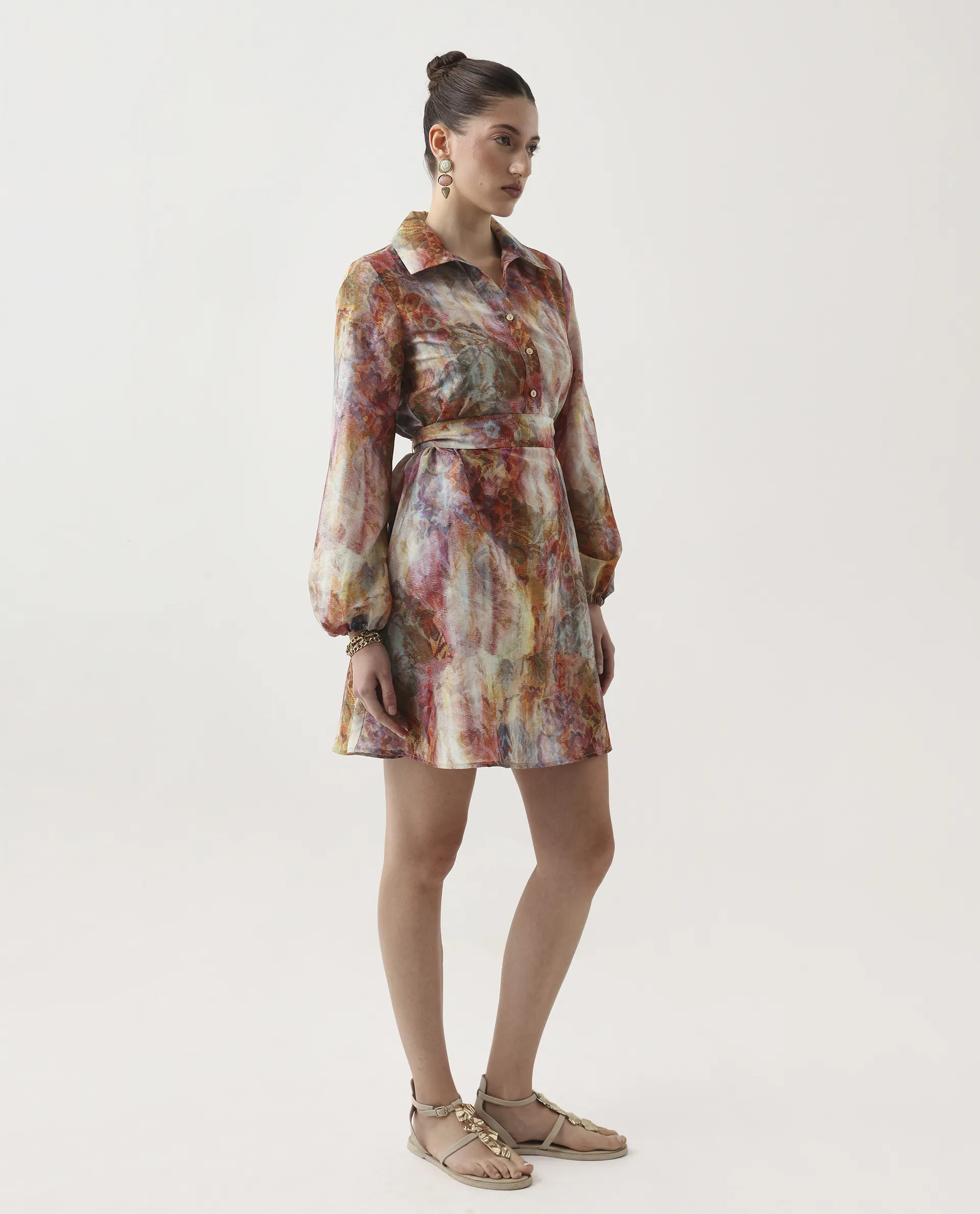Rareism Women's Elbon Multi Polyester Collared Neck A-Line Printed Dress - Image 6