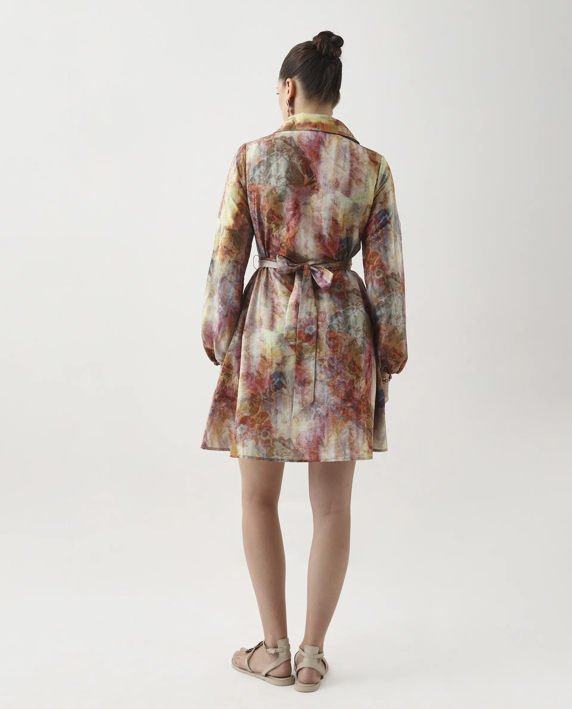 Rareism Women's Elbon Multi Polyester Collared Neck A-Line Printed Dress - Image 7
