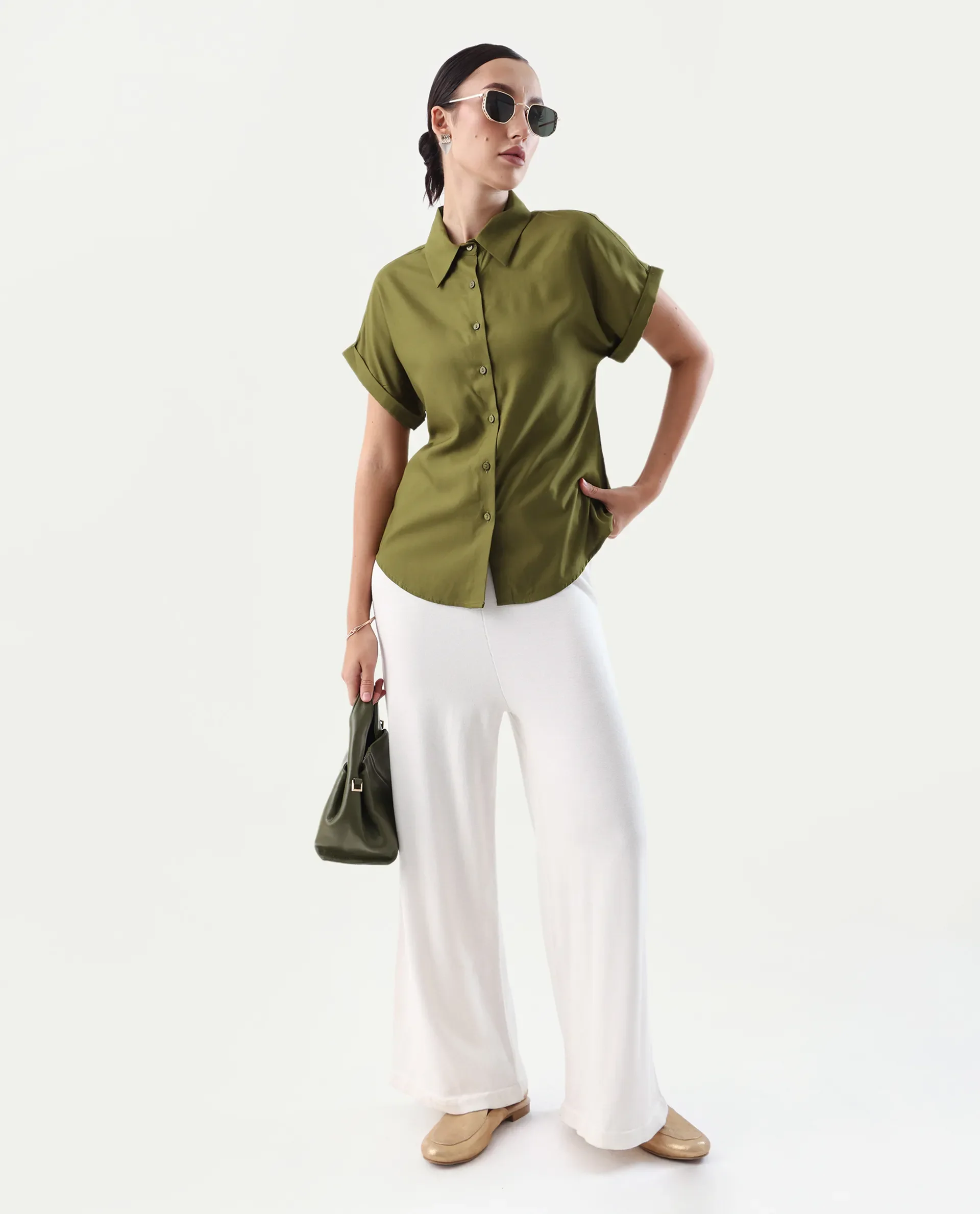 Rareism Women's Elcee Olive Viscose Collared Neck Regular Fit Shirt - Image 2