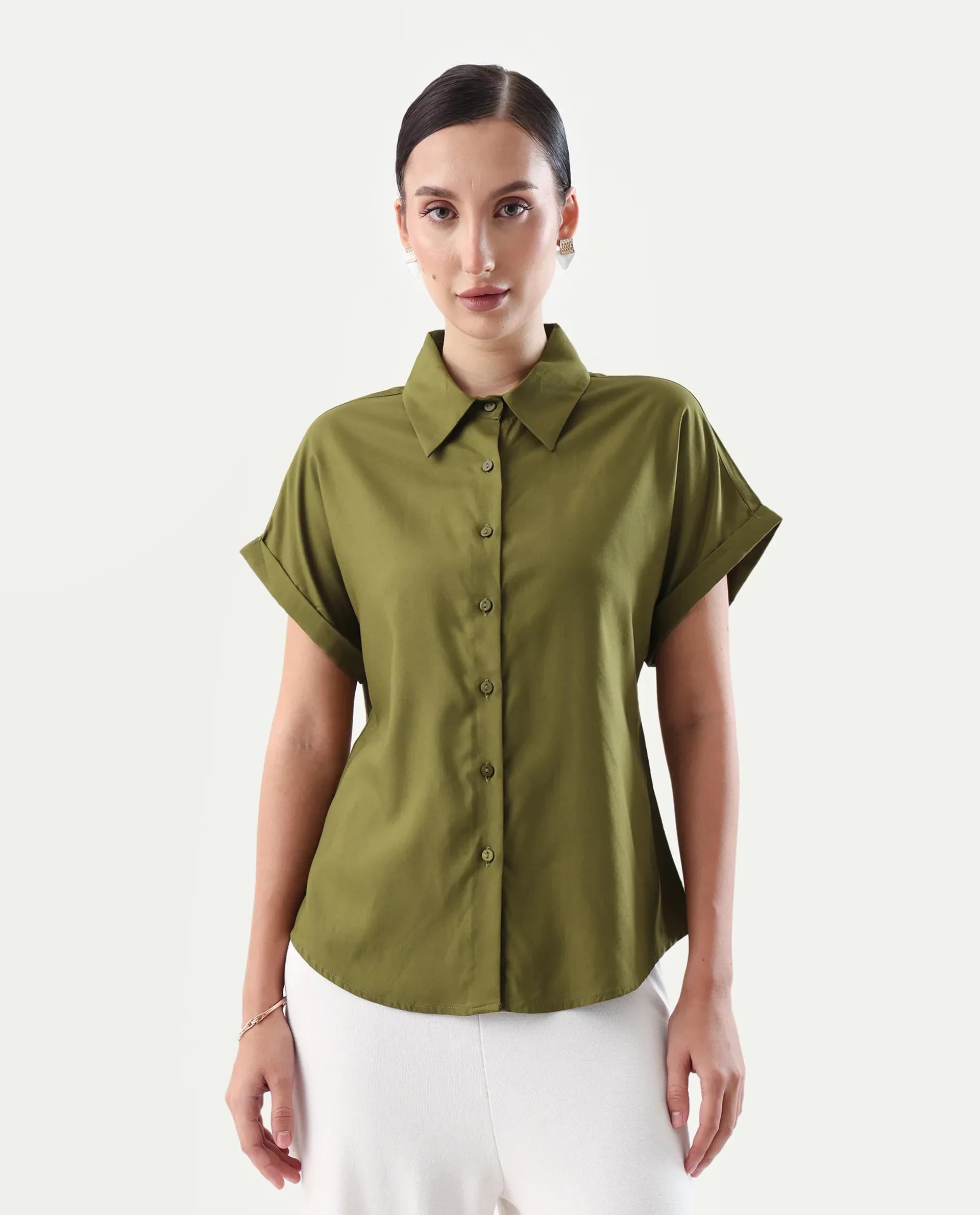 Rareism Women's Elcee Olive Viscose Collared Neck Regular Fit Shirt - Image 3