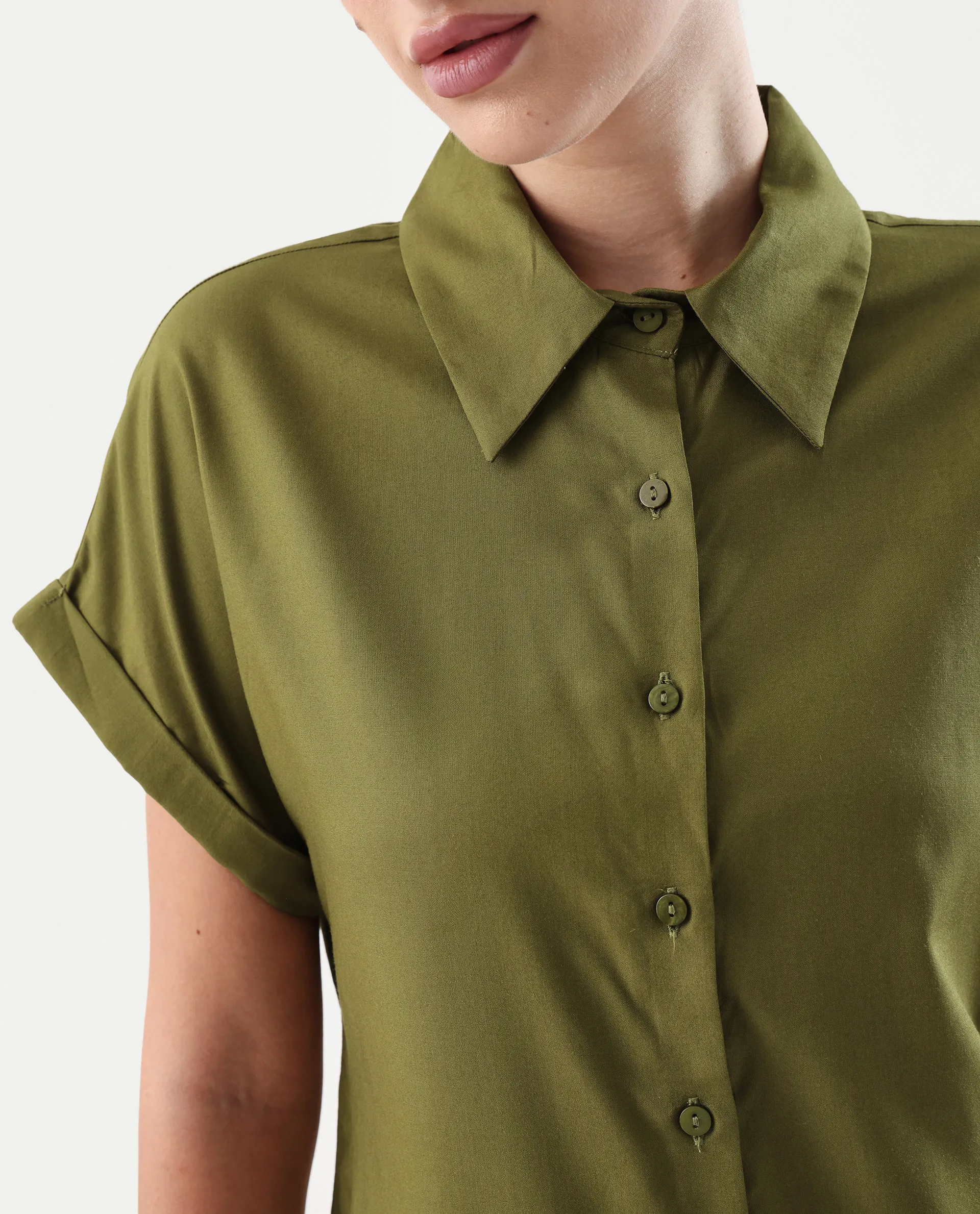 Rareism Women's Elcee Olive Viscose Collared Neck Regular Fit Shirt - Image 4