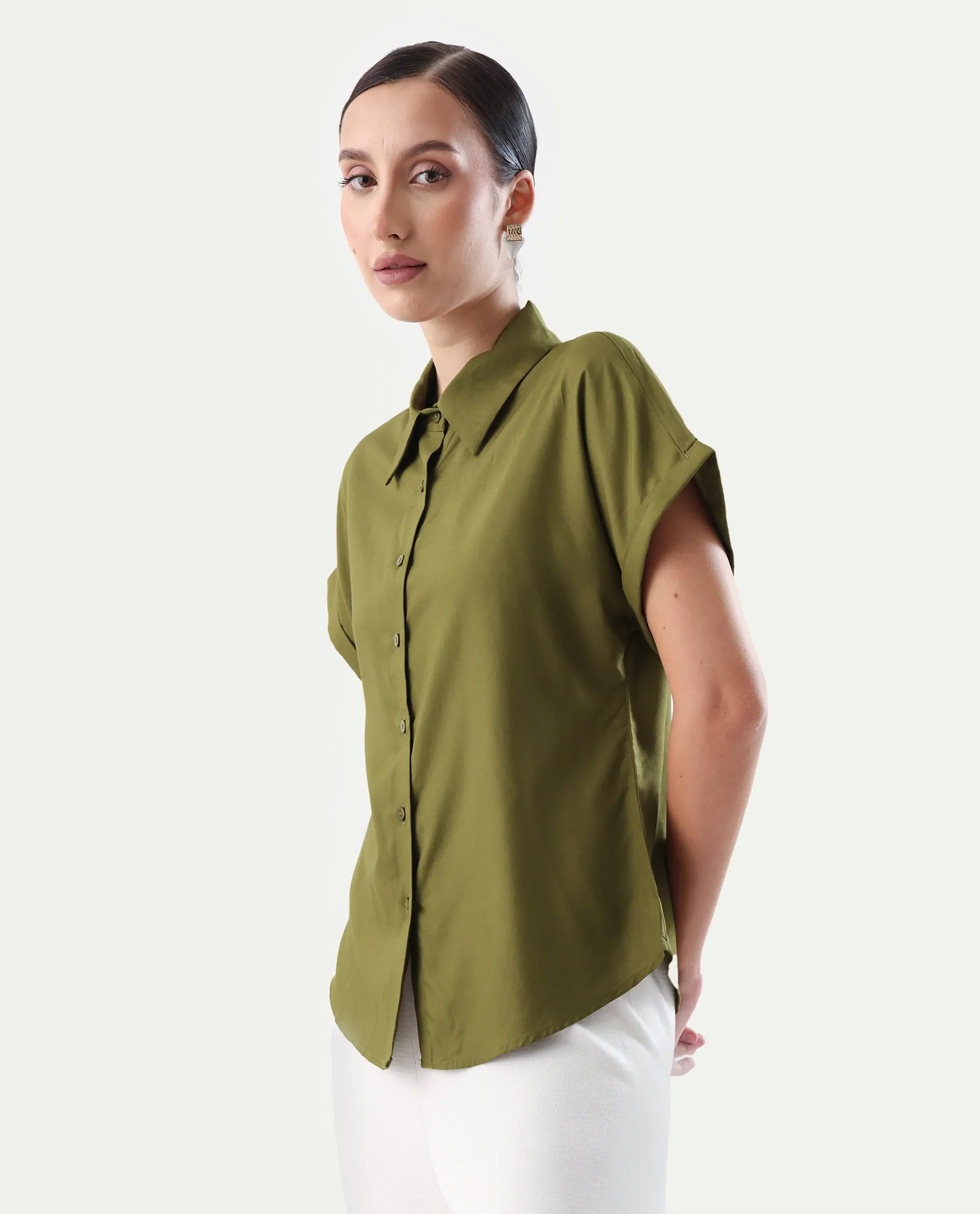 Rareism Women's Elcee Olive Viscose Collared Neck Regular Fit Shirt - Image 5