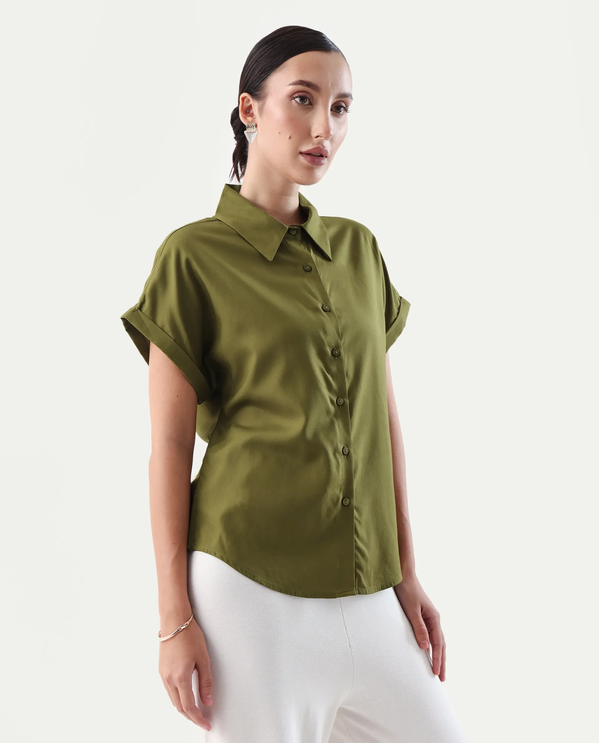 Rareism Women's Elcee Olive Viscose Collared Neck Regular Fit Shirt - Image 6