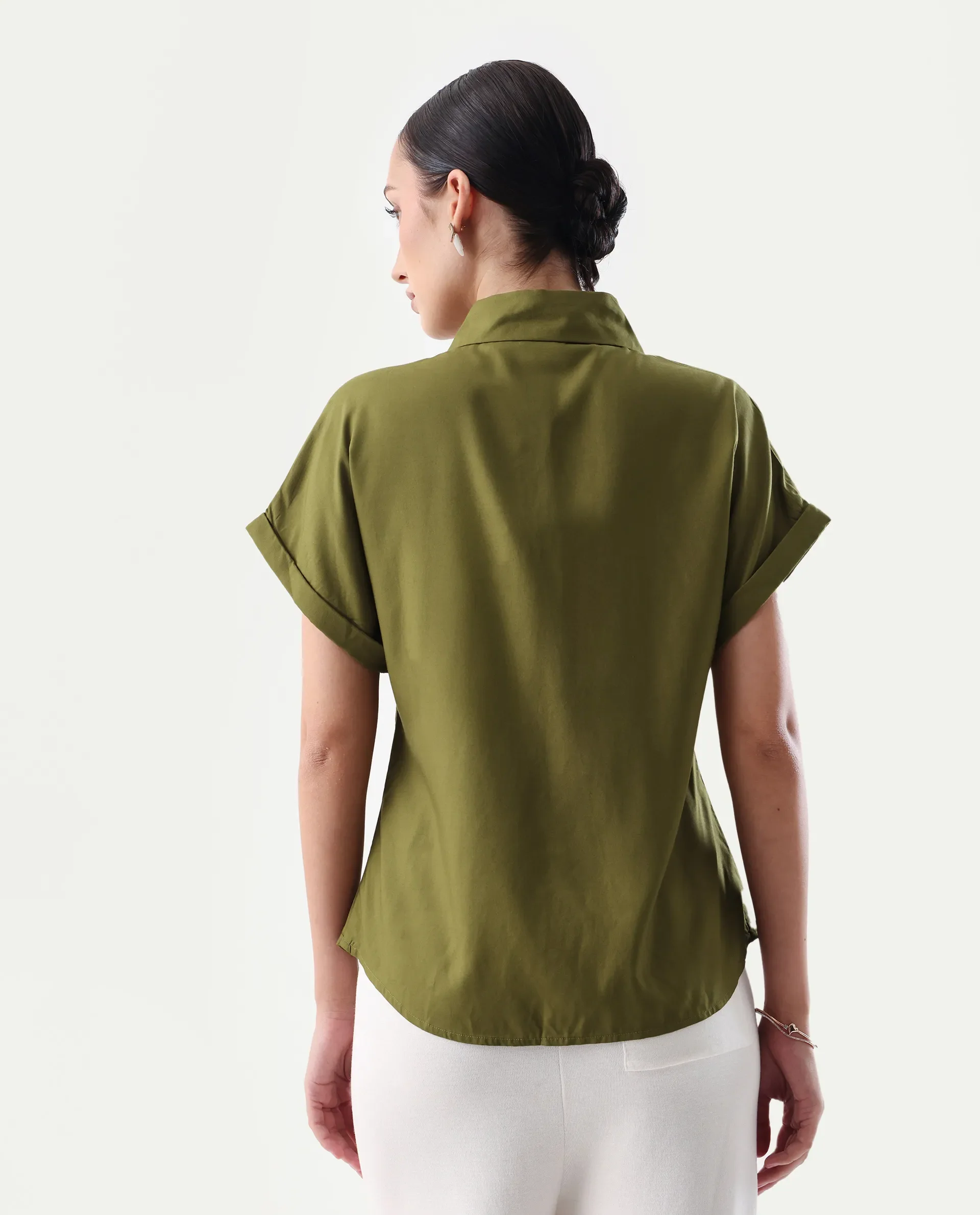Rareism Women's Elcee Olive Viscose Collared Neck Regular Fit Shirt - Image 7