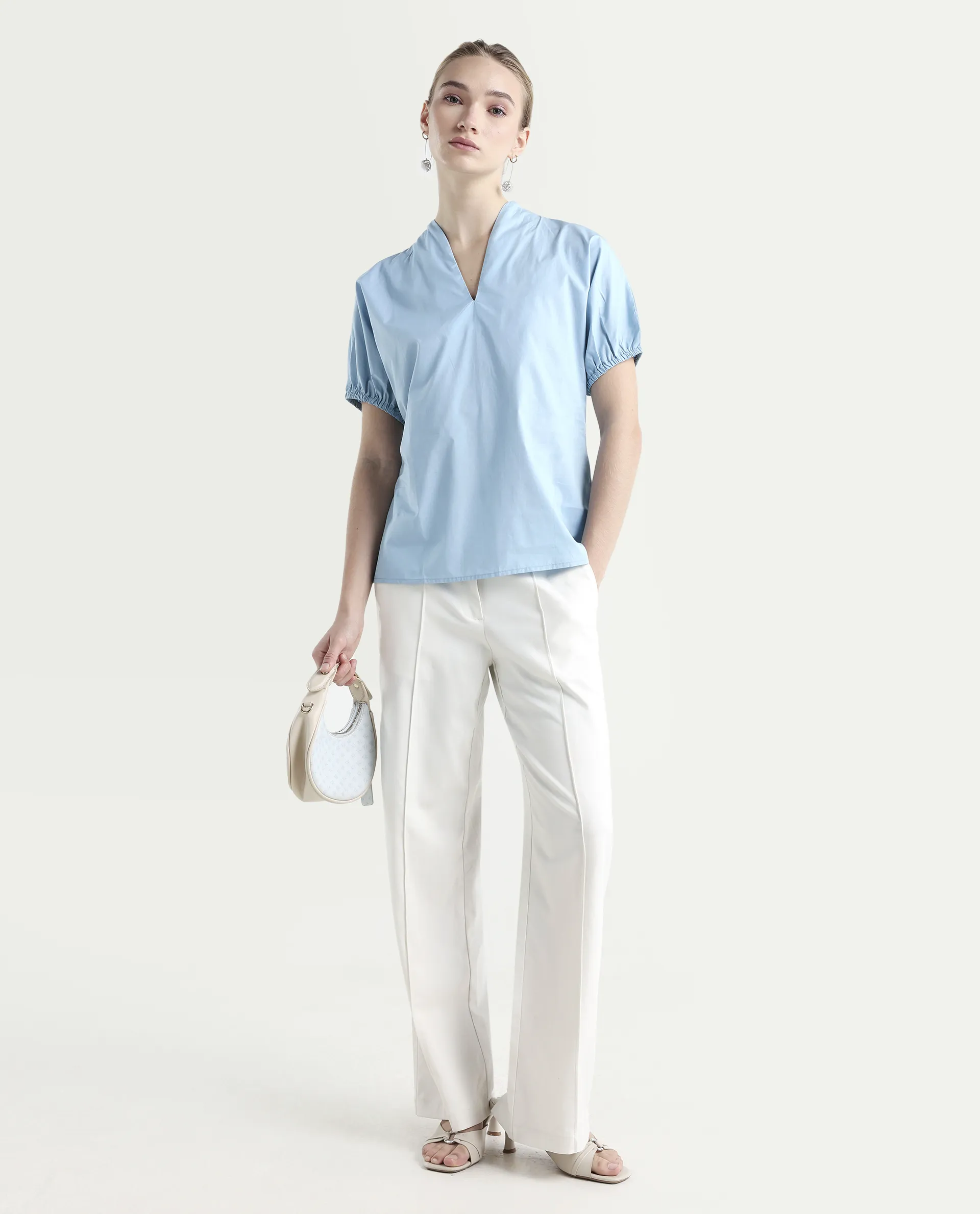 Rareism Women's Eldee Blue Cotton V-Neck Regular Fit Plain Top - Image 2