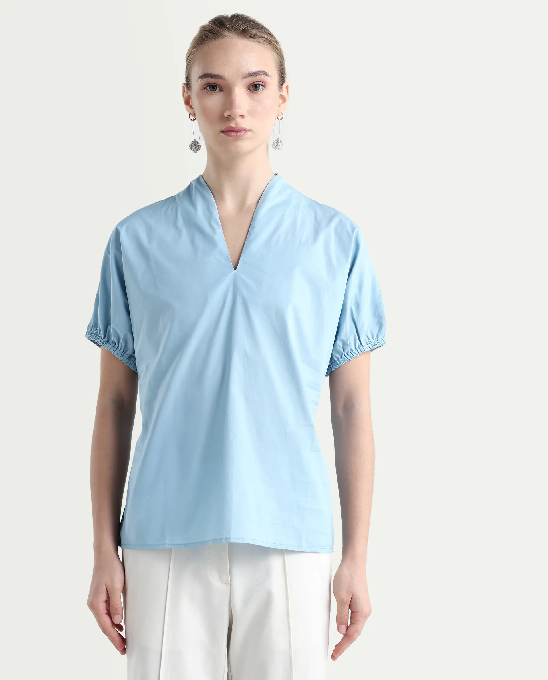 Rareism Women's Eldee Blue Cotton V-Neck Regular Fit Plain Top - Image 3