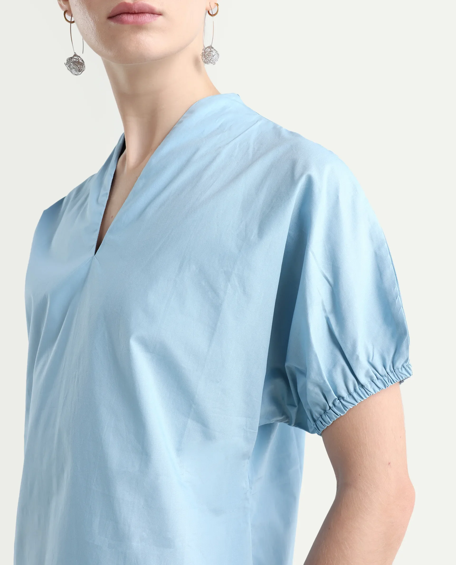 Rareism Women's Eldee Blue Cotton V-Neck Regular Fit Plain Top - Image 4