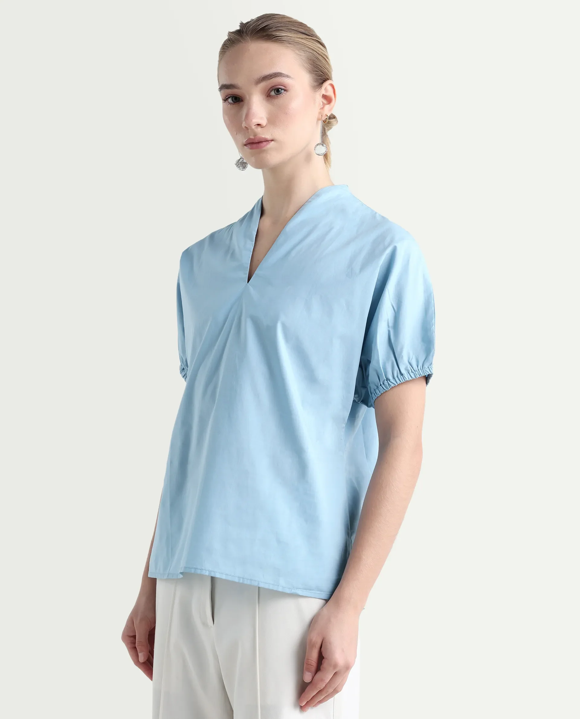 Rareism Women's Eldee Blue Cotton V-Neck Regular Fit Plain Top - Image 5