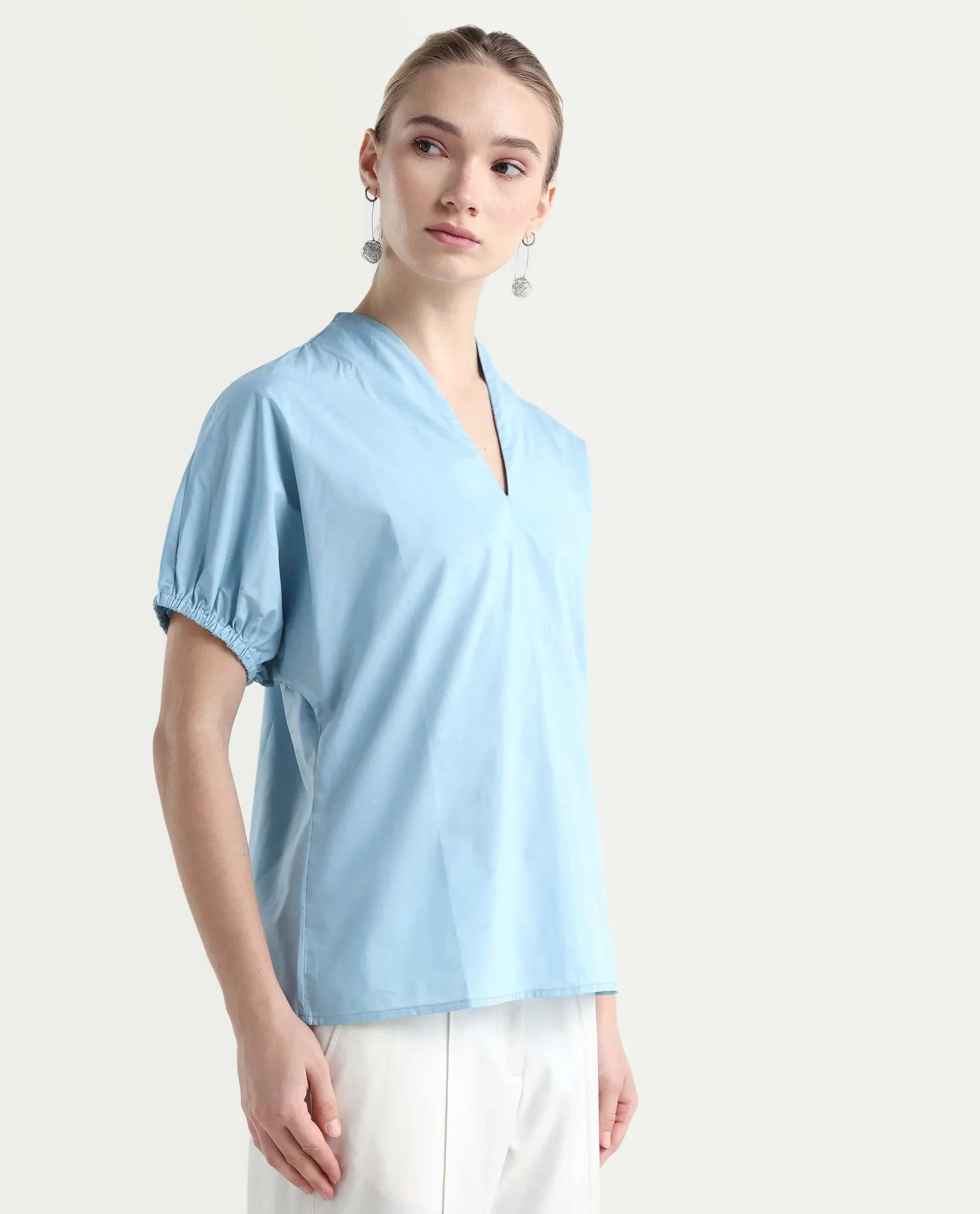 Rareism Women's Eldee Blue Cotton V-Neck Regular Fit Plain Top - Image 6