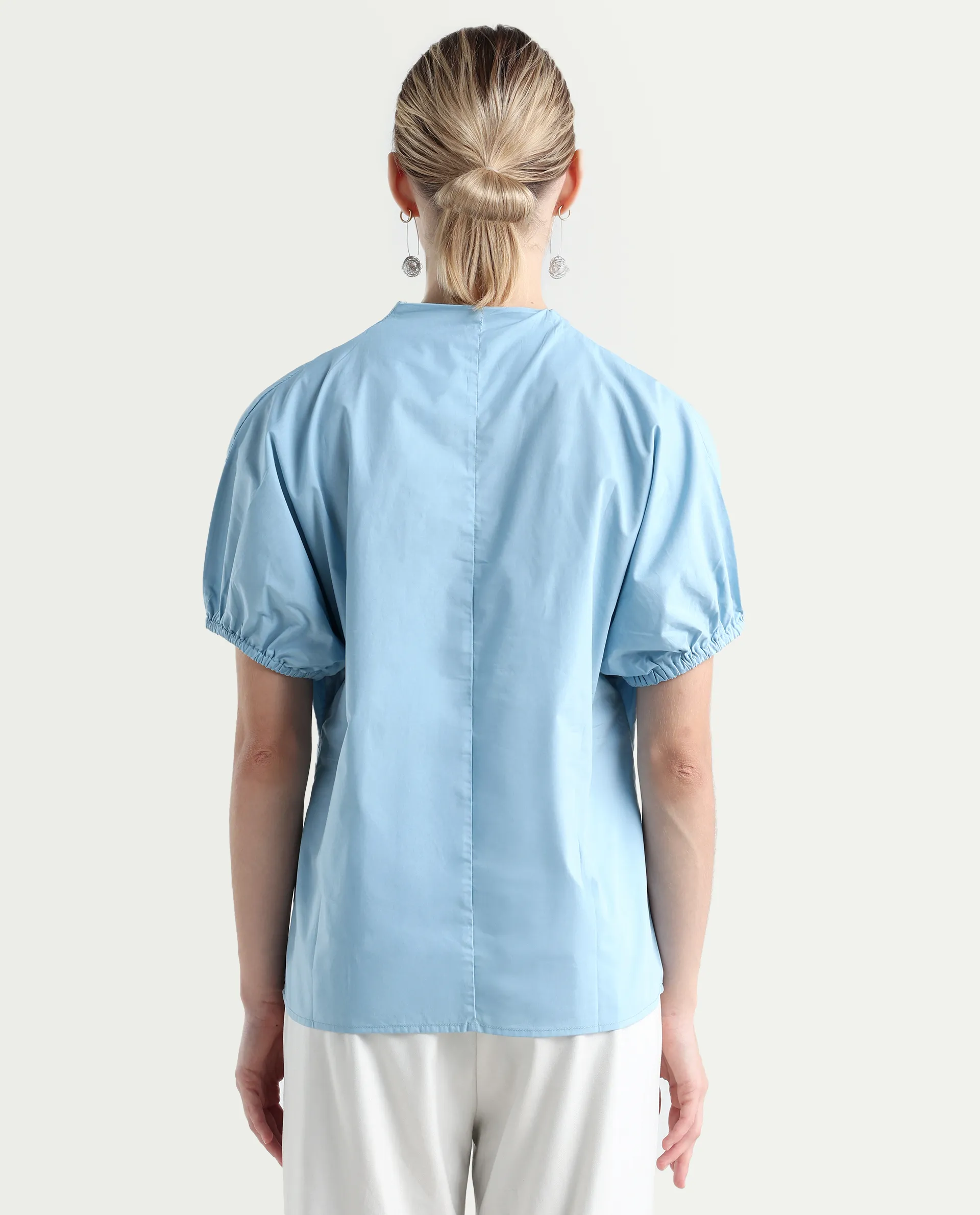 Rareism Women's Eldee Blue Cotton V-Neck Regular Fit Plain Top - Image 7