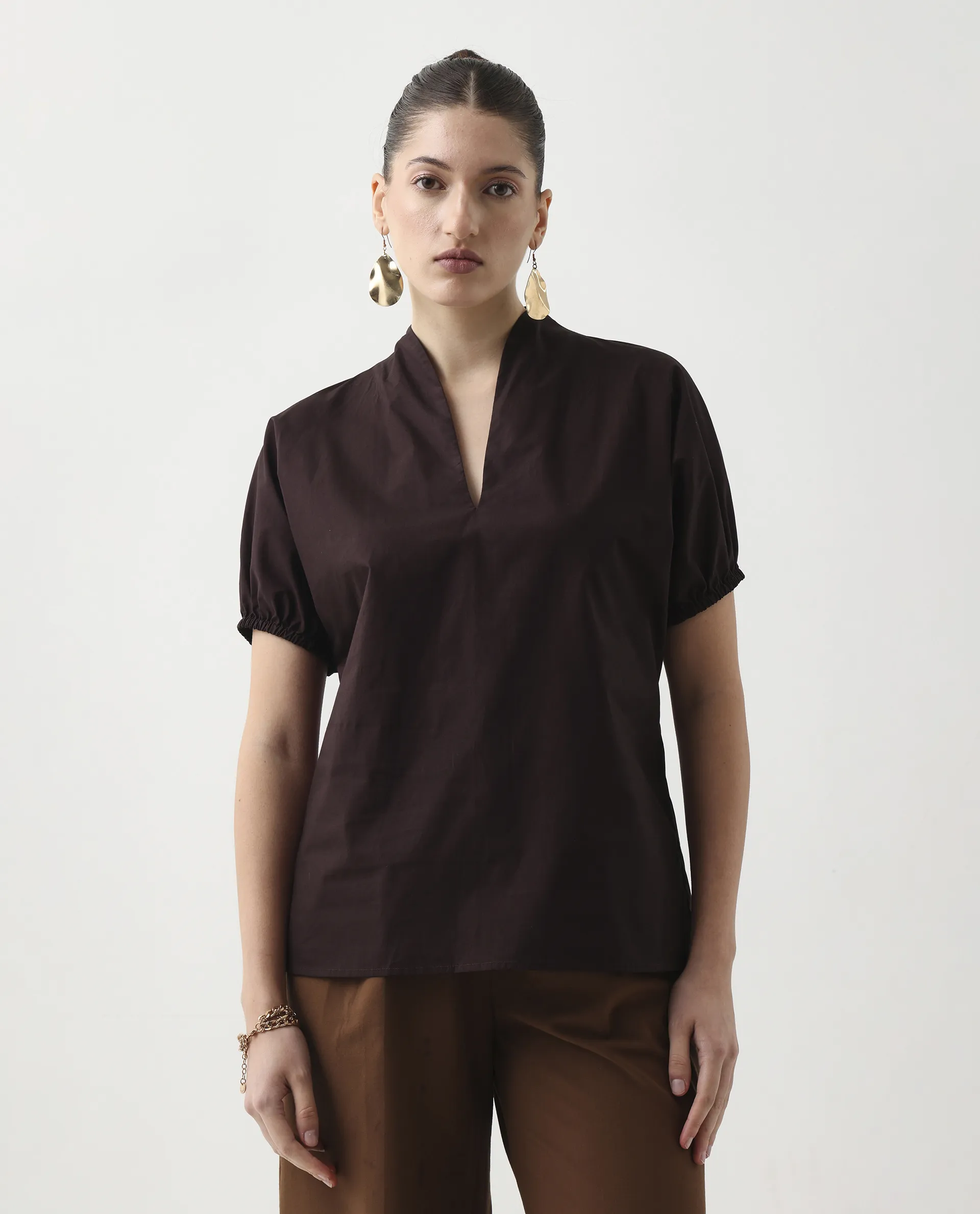 Rareism Women's Eldee Brown Cotton Extended Sleeves V-Neck Regular Fit Plain Top - Image 2