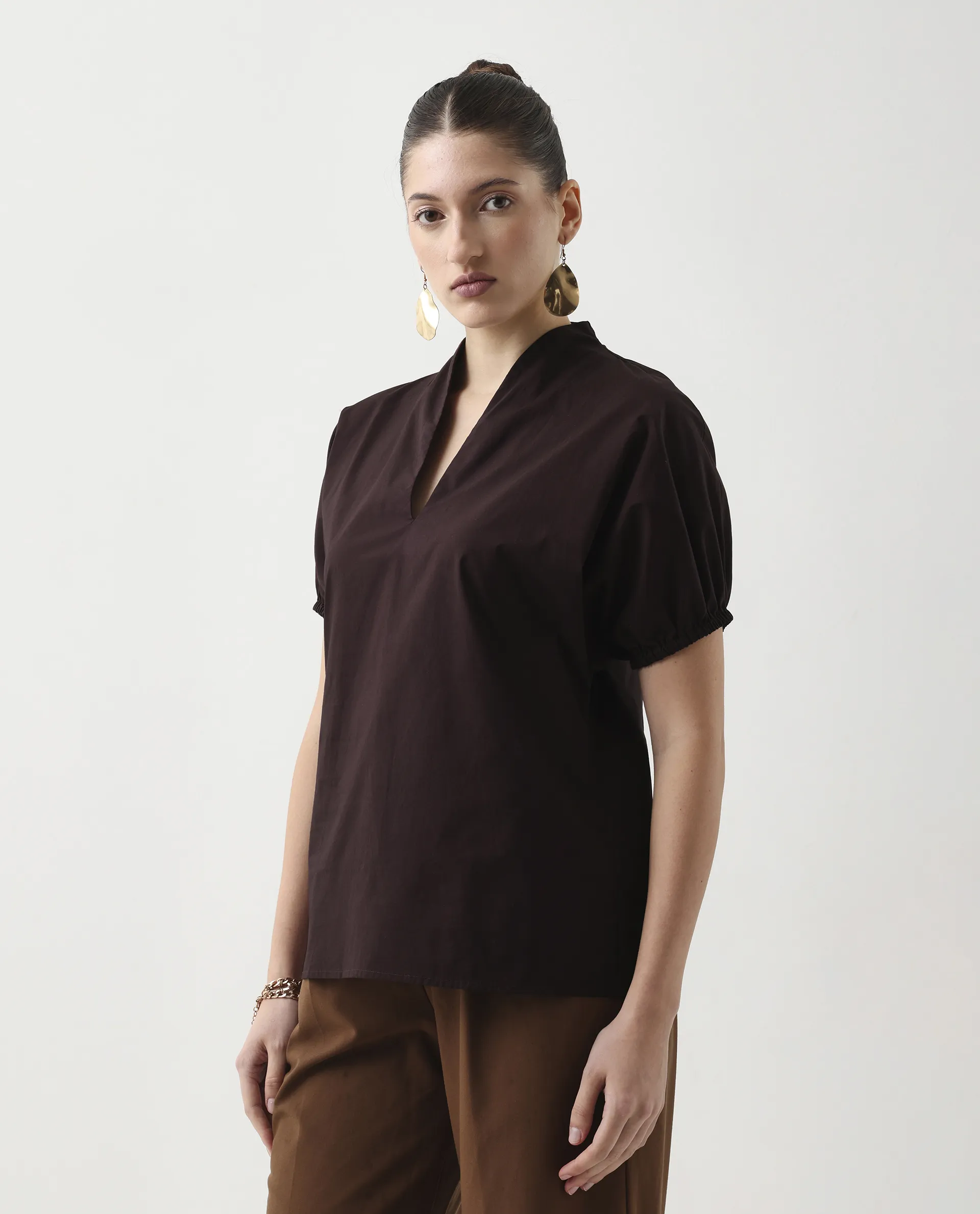 Rareism Women's Eldee Brown Cotton Extended Sleeves V-Neck Regular Fit Plain Top - Image 4