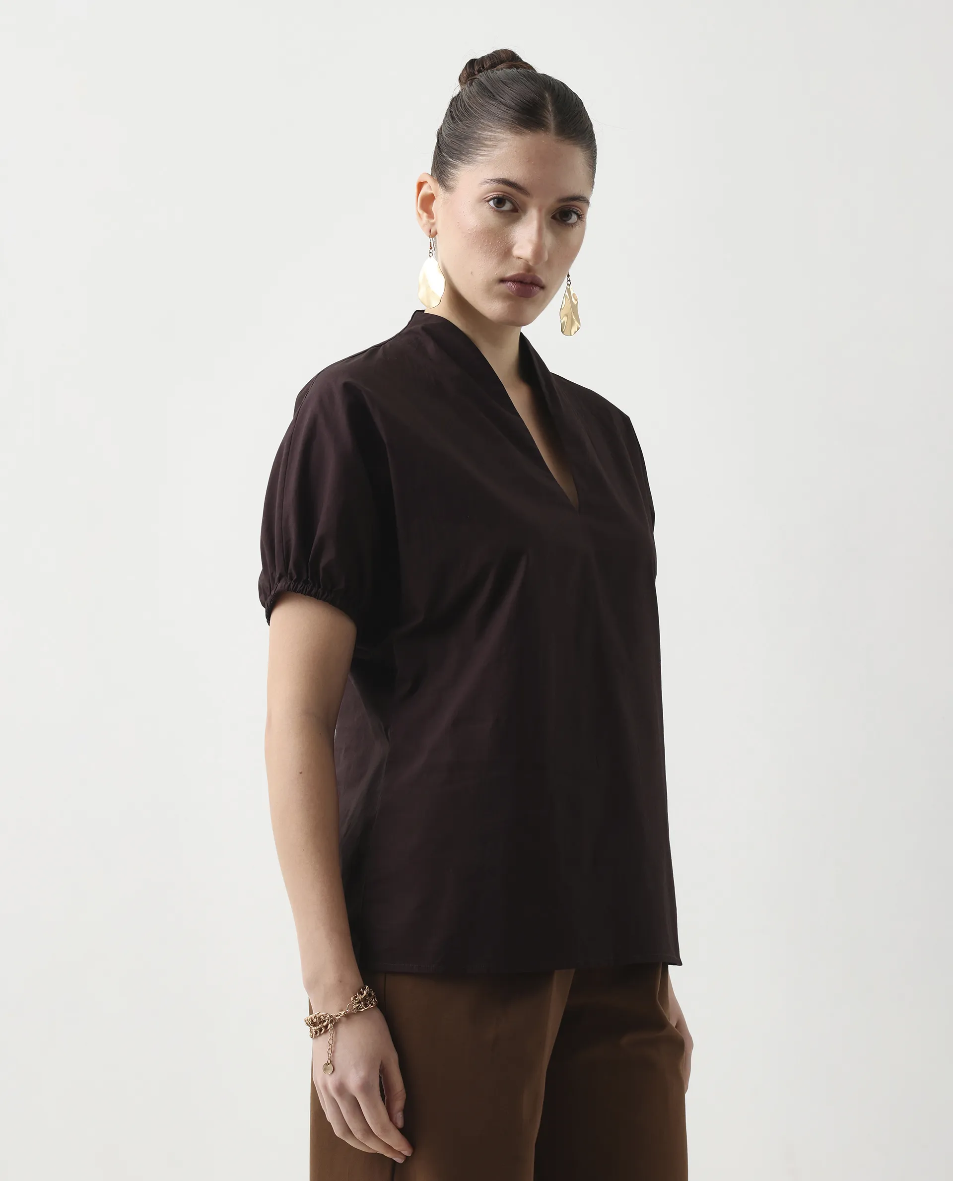 Rareism Women's Eldee Brown Cotton Extended Sleeves V-Neck Regular Fit Plain Top - Image 5