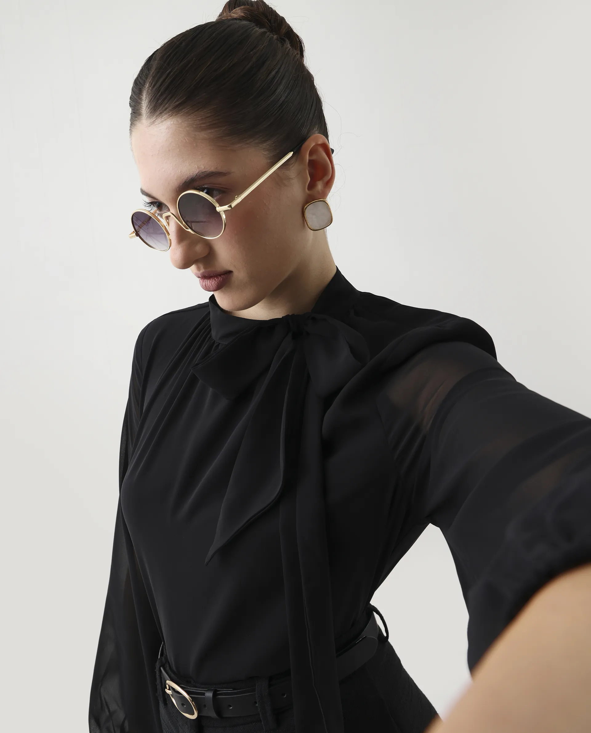 Rareism Women's Elden Black Polyester Bishop Sleeve Tie-Up Neck Regular Fit Plain Top
