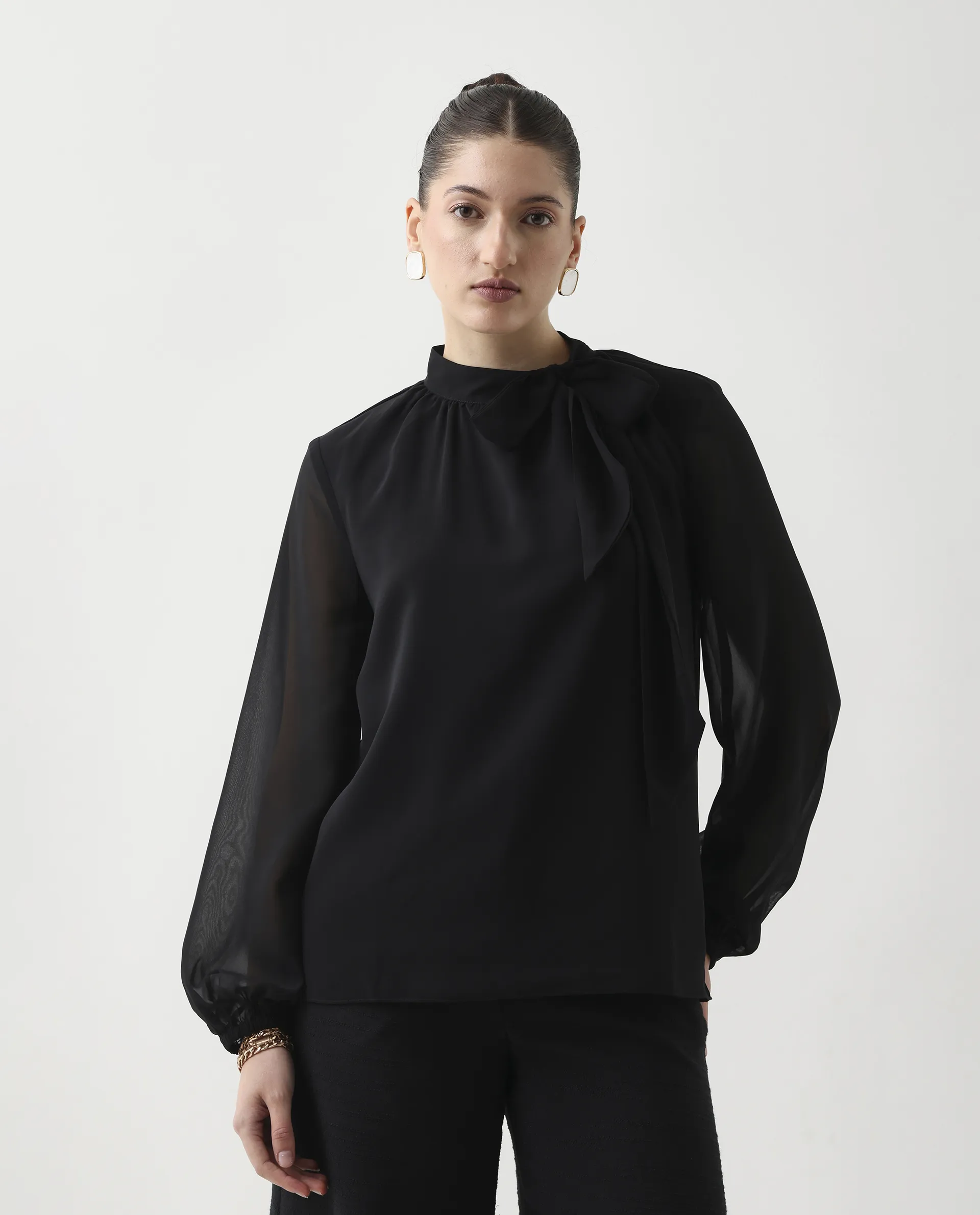 Rareism Women's Elden Black Polyester Bishop Sleeve Tie-Up Neck Regular Fit Plain Top - Image 3