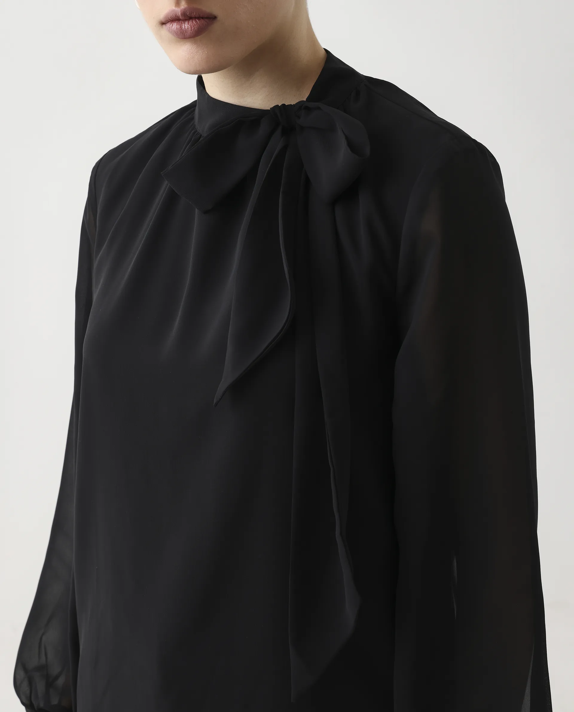 Rareism Women's Elden Black Polyester Bishop Sleeve Tie-Up Neck Regular Fit Plain Top - Image 4