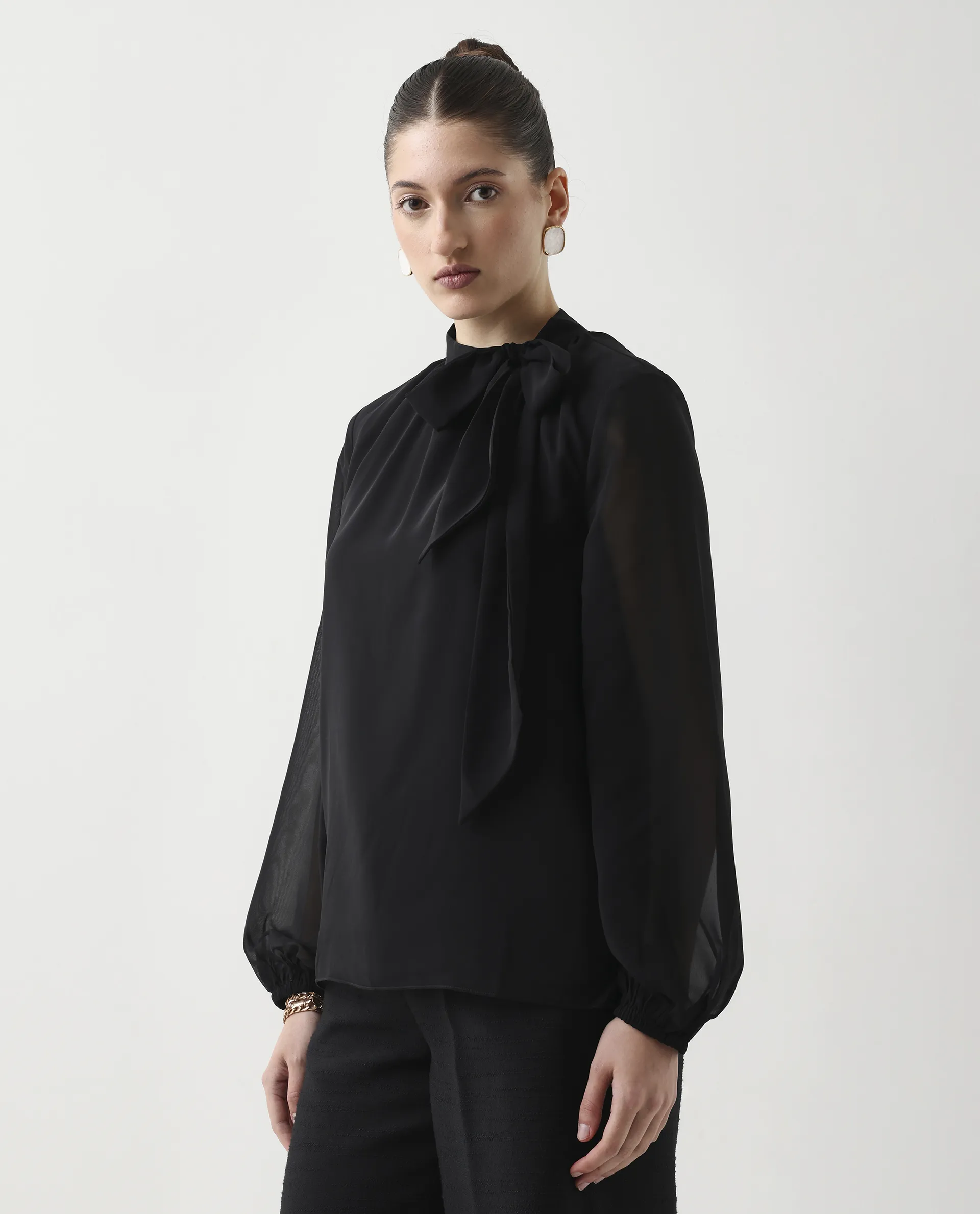 Rareism Women's Elden Black Polyester Bishop Sleeve Tie-Up Neck Regular Fit Plain Top - Image 5