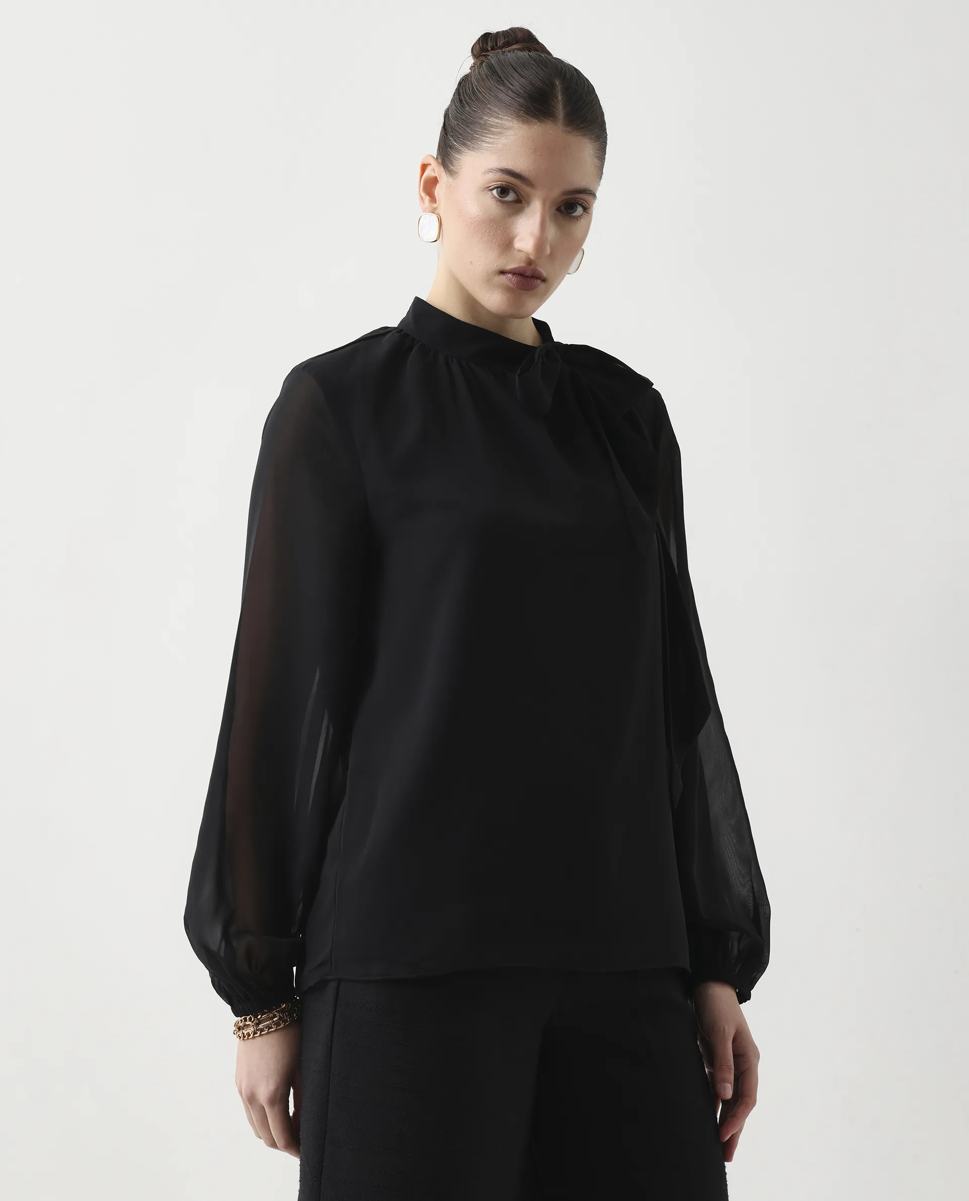 Rareism Women's Elden Black Polyester Bishop Sleeve Tie-Up Neck Regular Fit Plain Top - Image 6