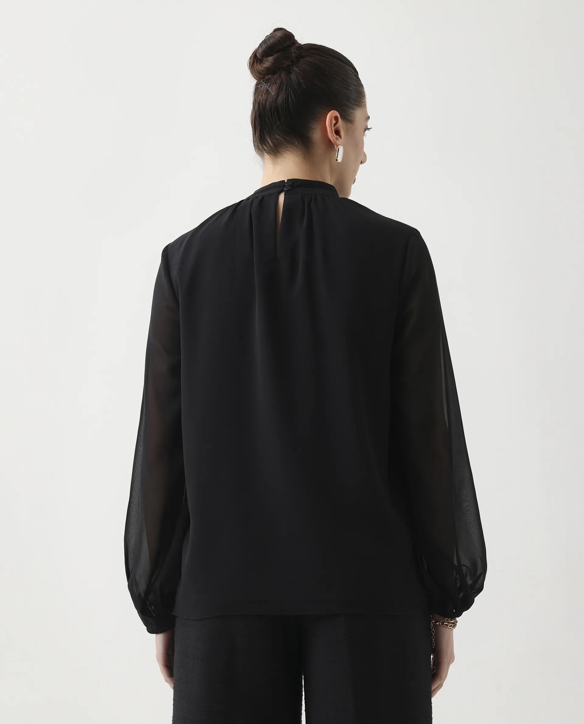 Rareism Women's Elden Black Polyester Bishop Sleeve Tie-Up Neck Regular Fit Plain Top - Image 7
