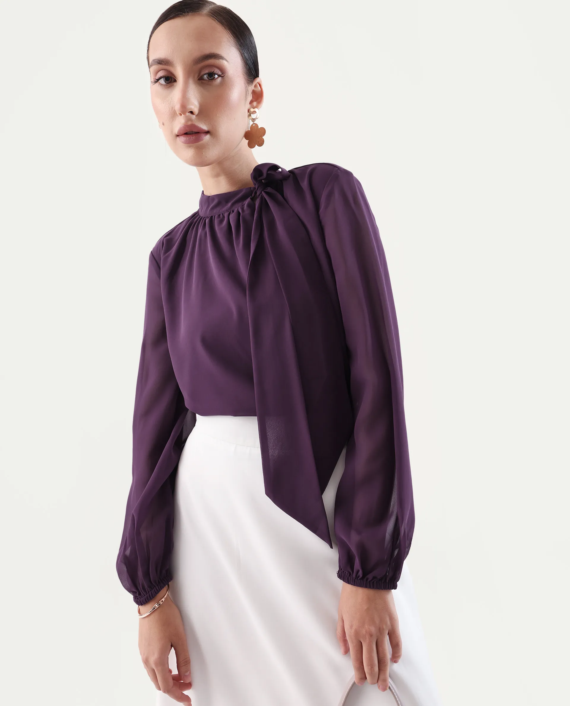 Rareism Women's Elden Maroon Polyester Tie-Up Neck Regular Fit Plain Top