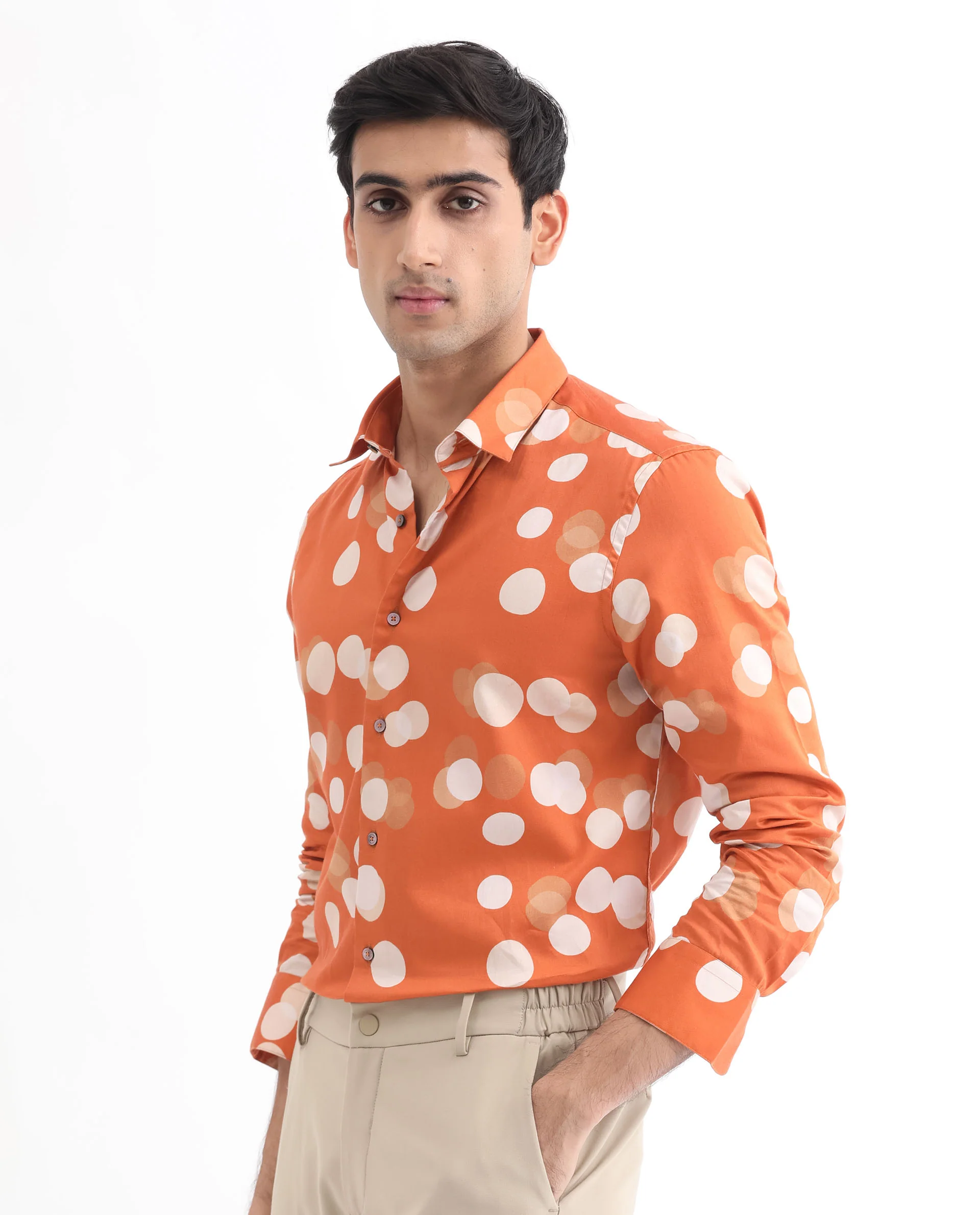 Rare Rabbit Men's Elde Rust Cotton Polka Print Regular Fit Full Sleeve Collared Shirt - Image 3