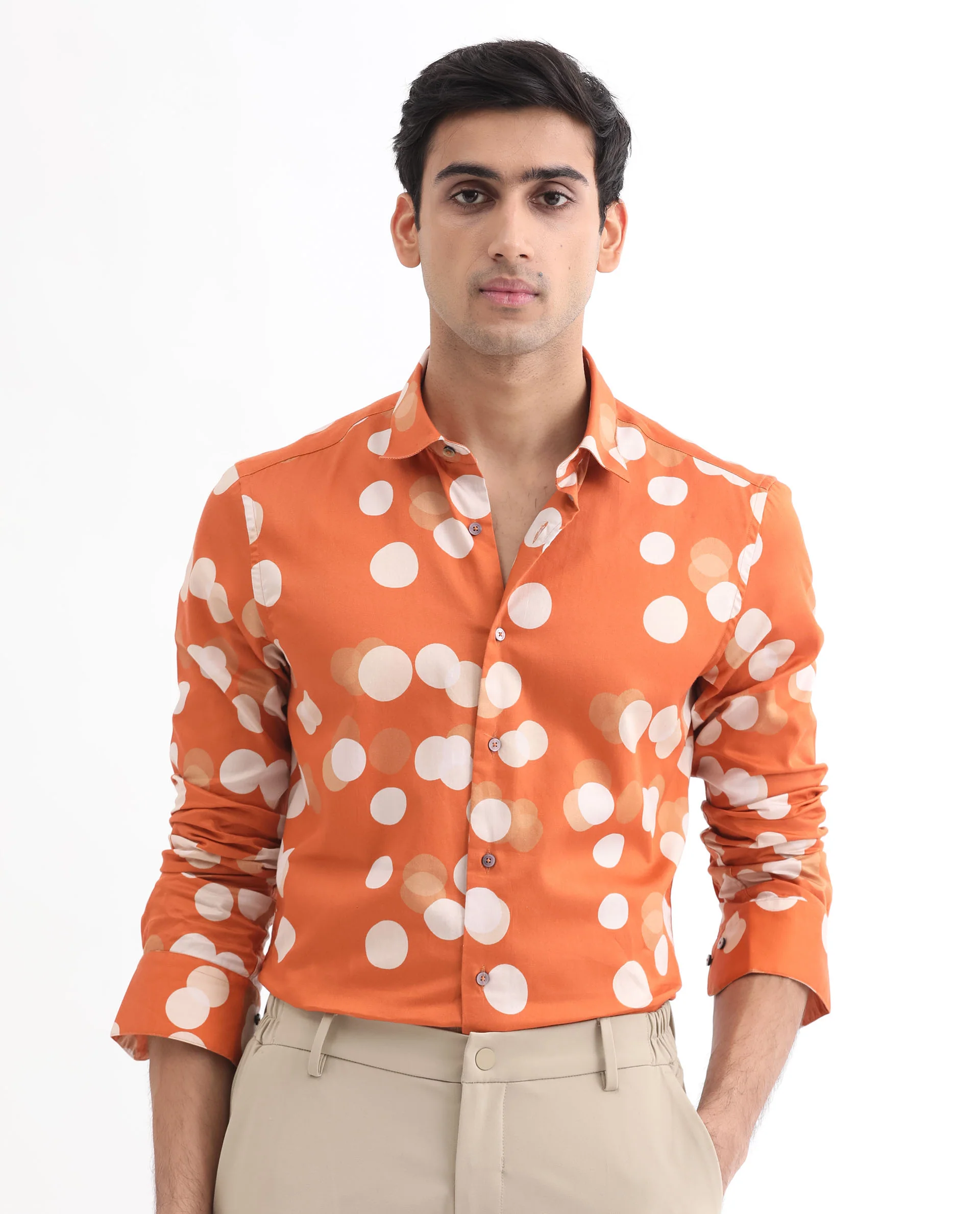 Rare Rabbit Men's Elde Rust Cotton Polka Print Regular Fit Full Sleeve Collared Shirt - Image 6