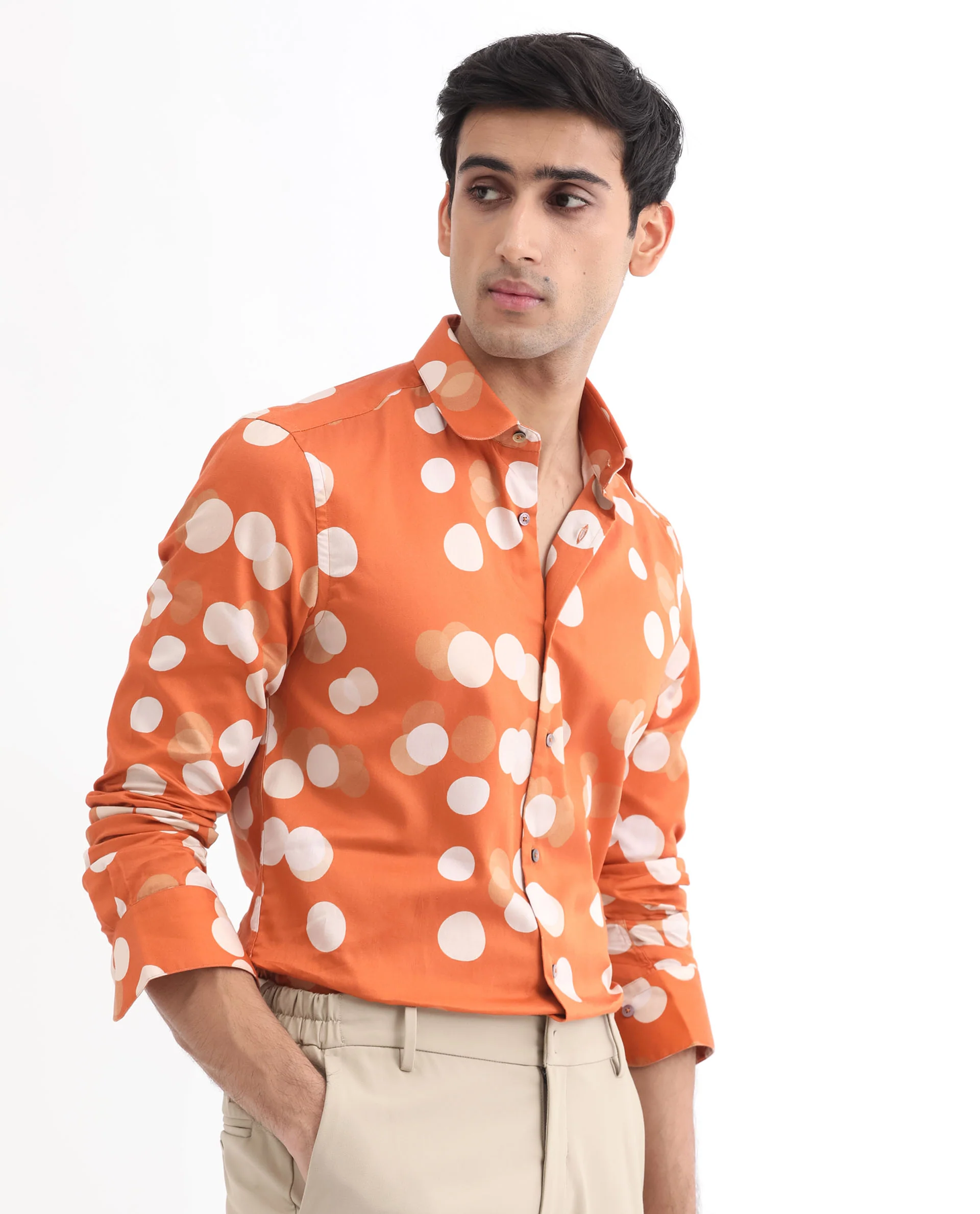 Rare Rabbit Men's Elde Rust Cotton Polka Print Regular Fit Full Sleeve Collared Shirt - Image 7