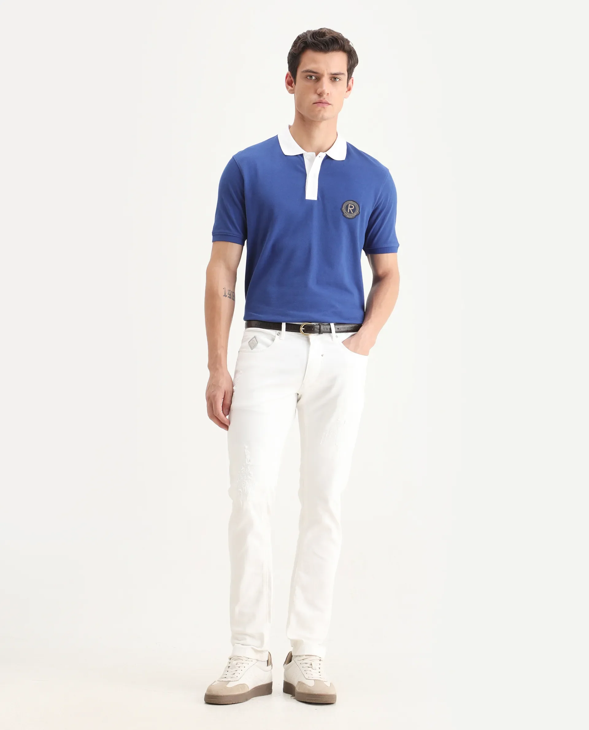 Rare Rabbit Men's Eldon Blue Cotton Plain Regular Fit Half Sleeve Polo - Image 2