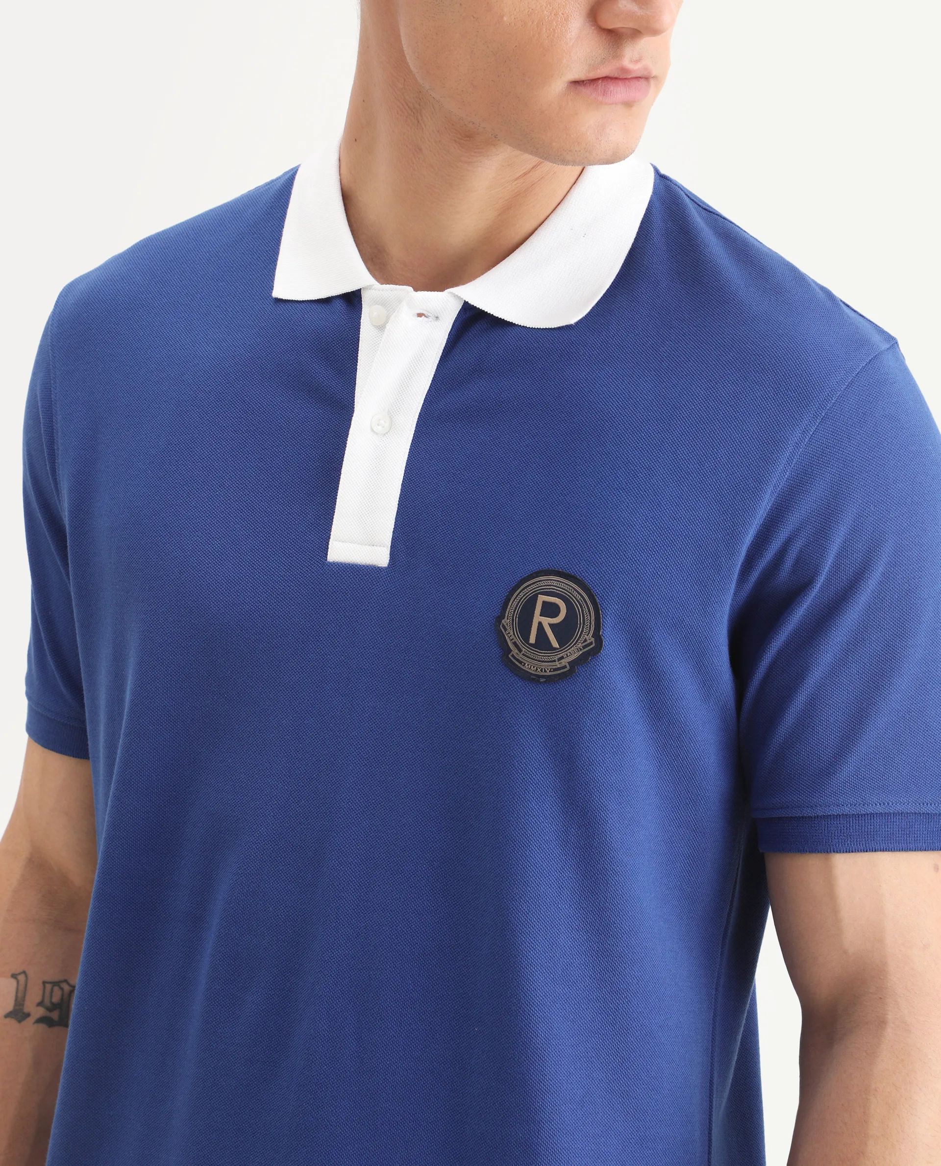 Rare Rabbit Men's Eldon Blue Cotton Plain Regular Fit Half Sleeve Polo - Image 3