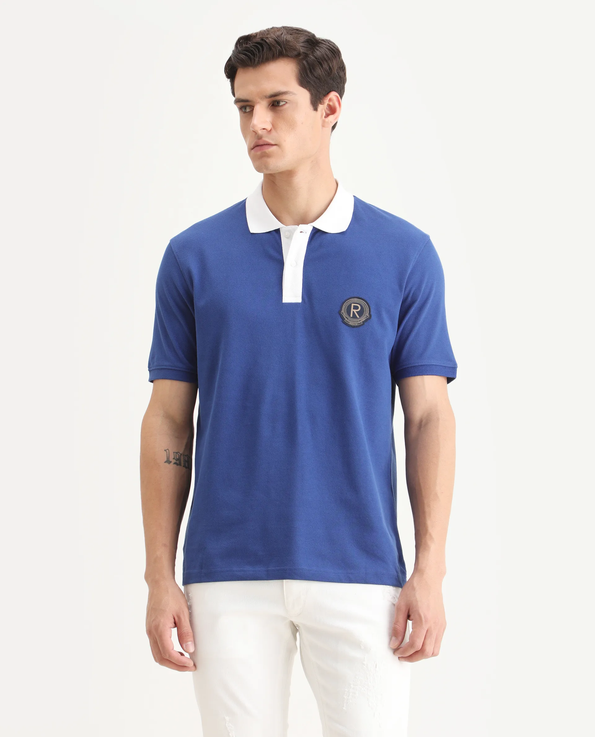 Rare Rabbit Men's Eldon Blue Cotton Plain Regular Fit Half Sleeve Polo - Image 4