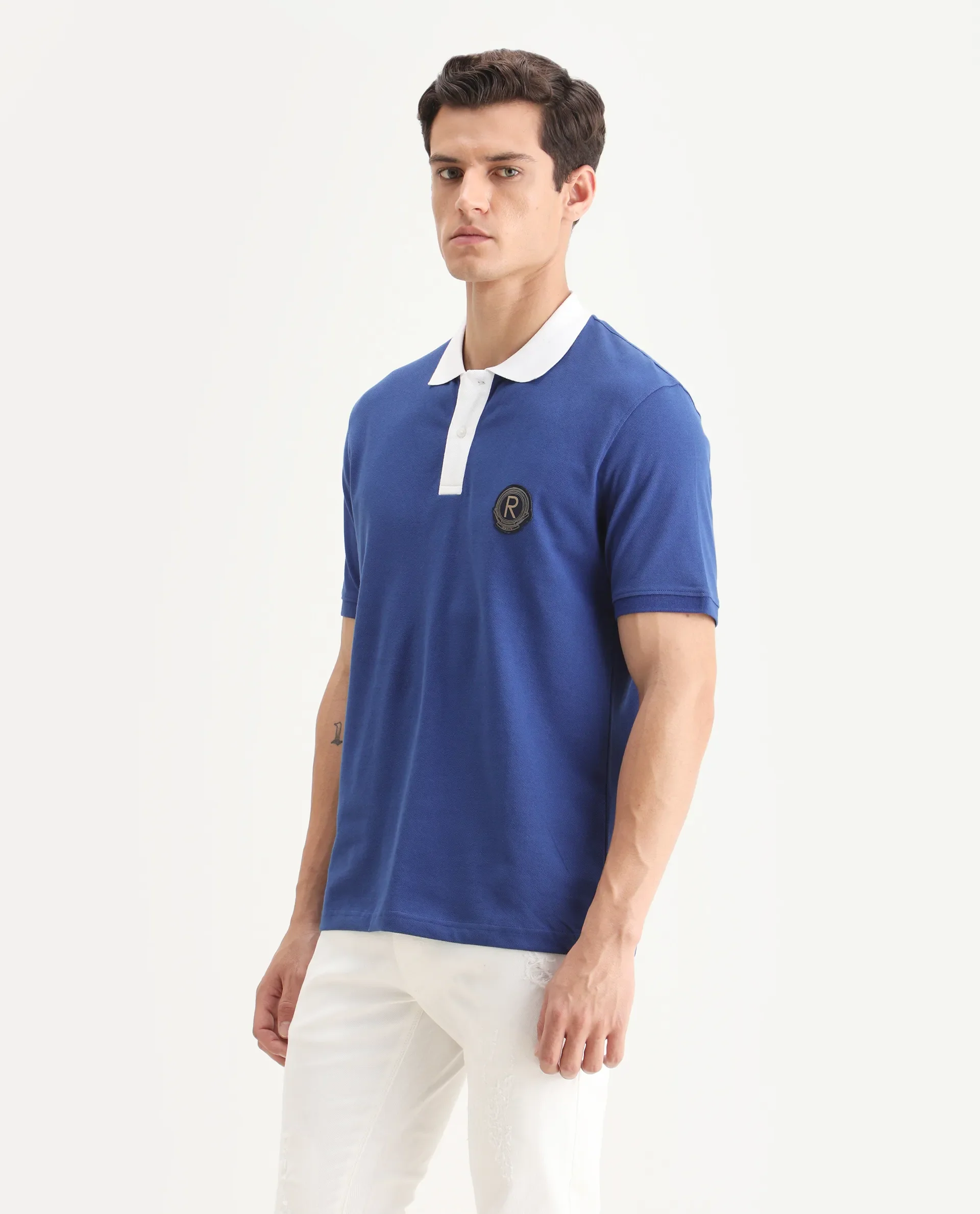 Rare Rabbit Men's Eldon Blue Cotton Plain Regular Fit Half Sleeve Polo - Image 5