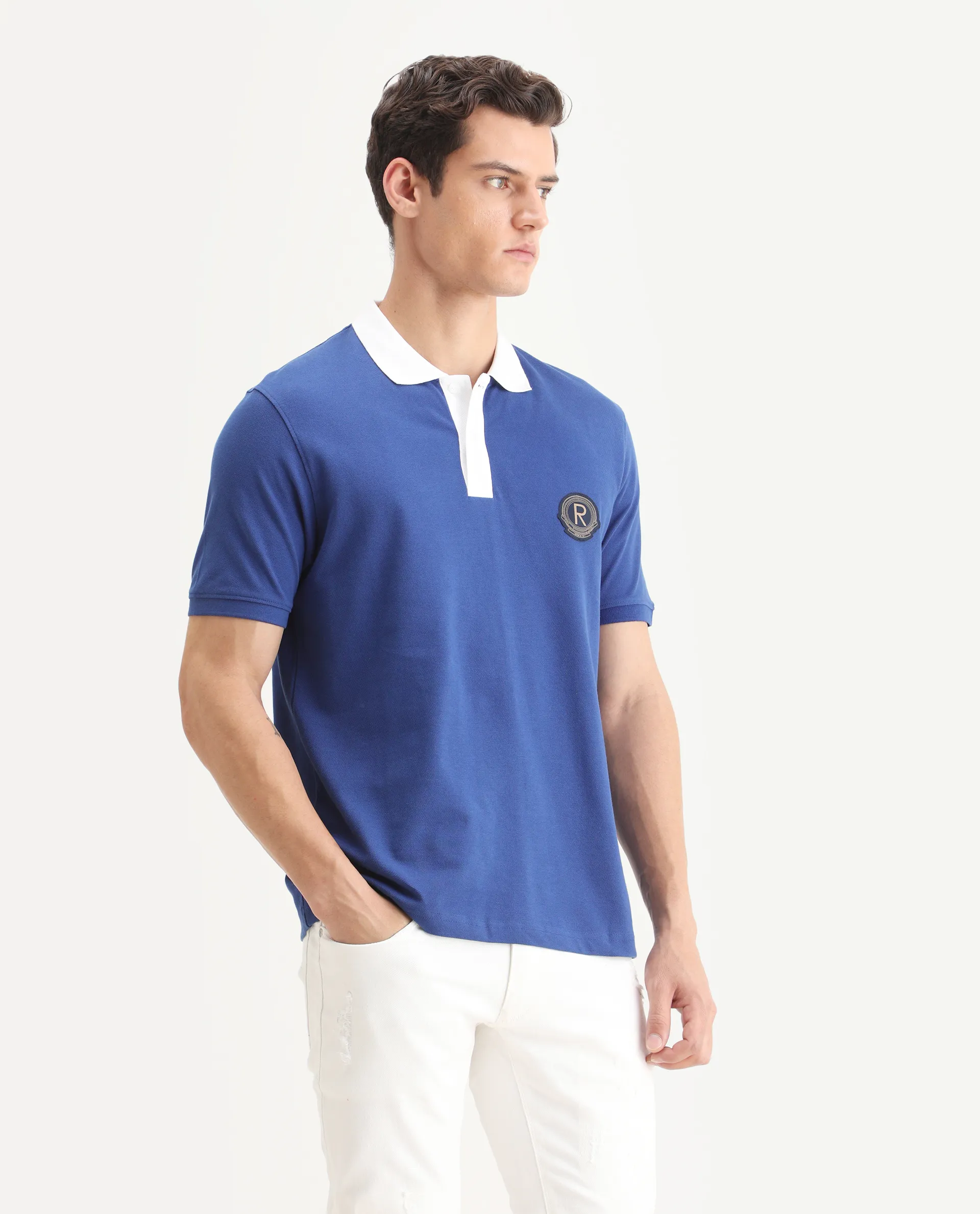 Rare Rabbit Men's Eldon Blue Cotton Plain Regular Fit Half Sleeve Polo - Image 6