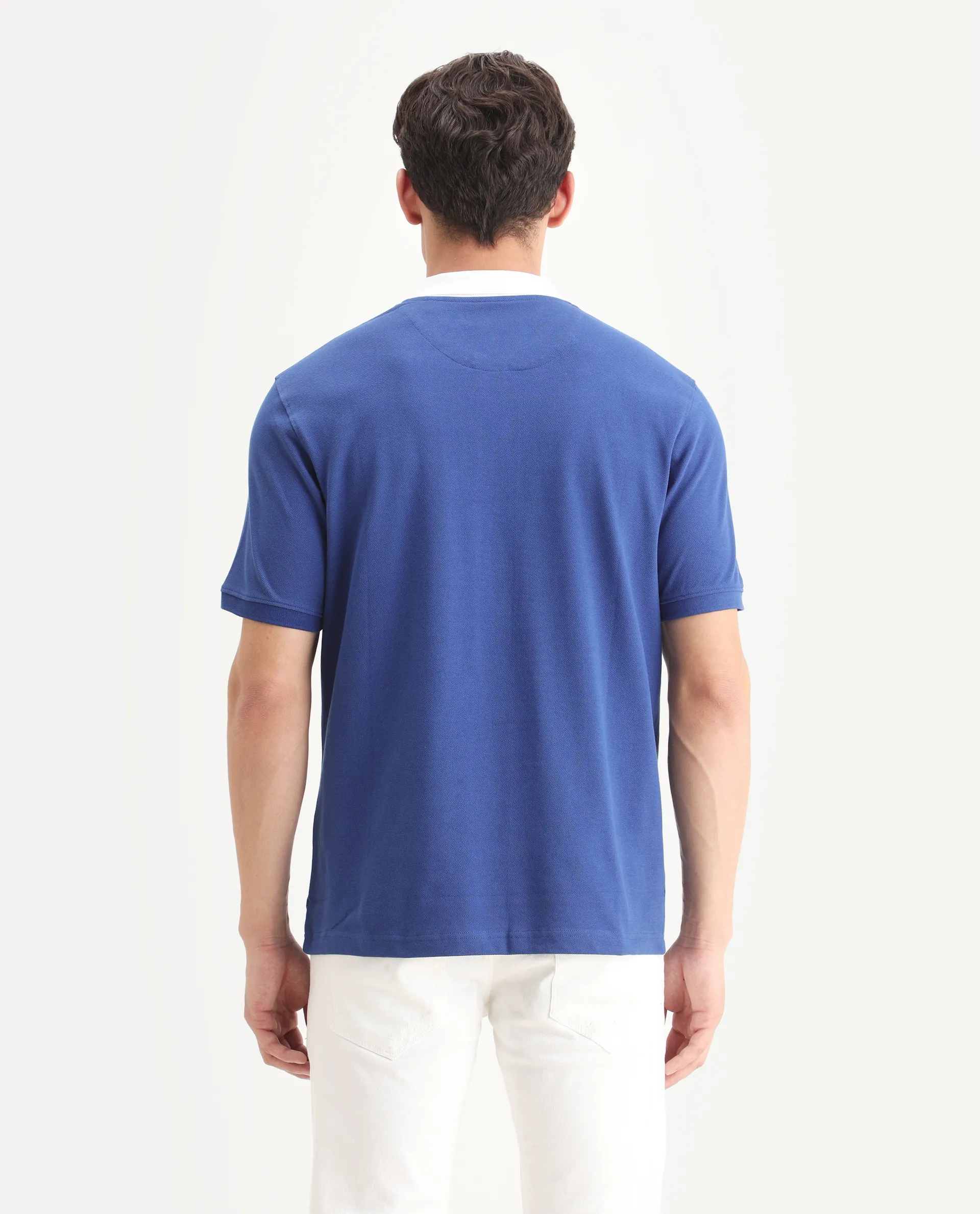 Rare Rabbit Men's Eldon Blue Cotton Plain Regular Fit Half Sleeve Polo - Image 7