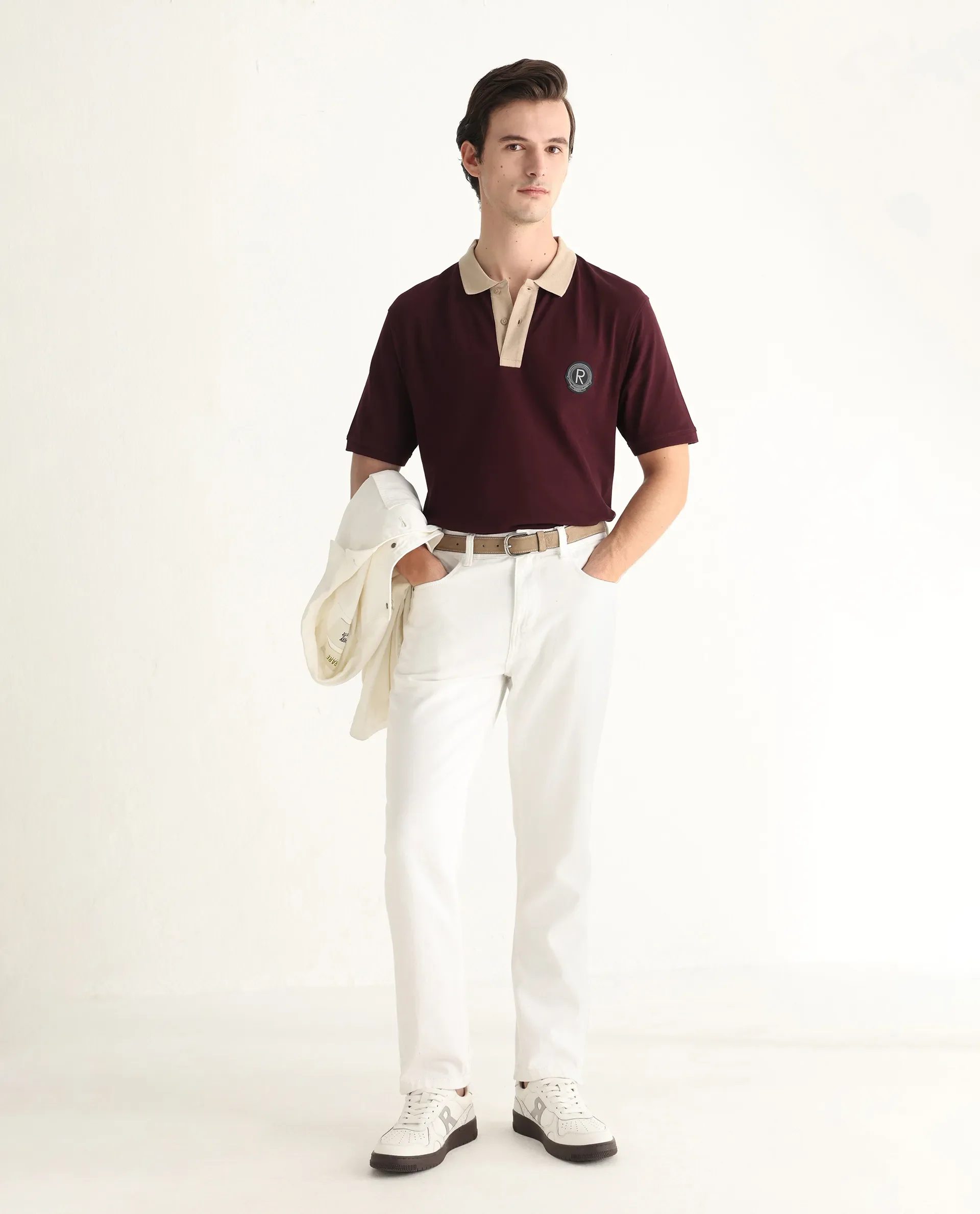 Rare Rabbit Men's Eldon Dark Maroon Cotton Plain Regular Fit Half Sleeve Polo - Image 2