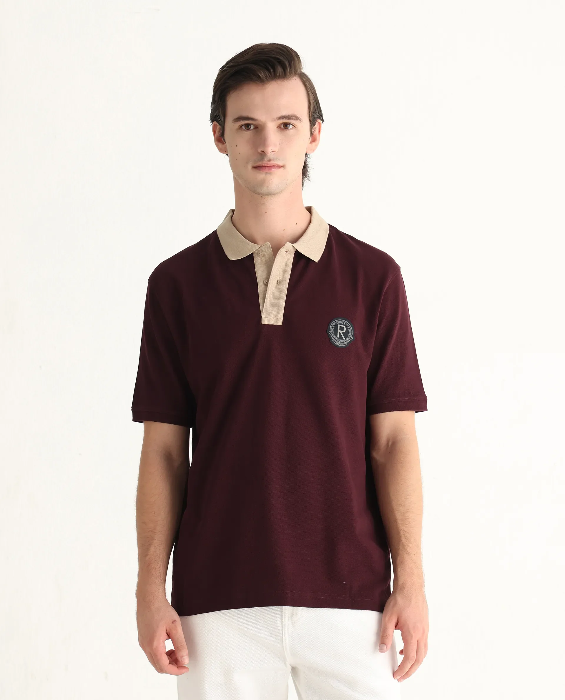 Rare Rabbit Men's Eldon Dark Maroon Cotton Plain Regular Fit Half Sleeve Polo - Image 4