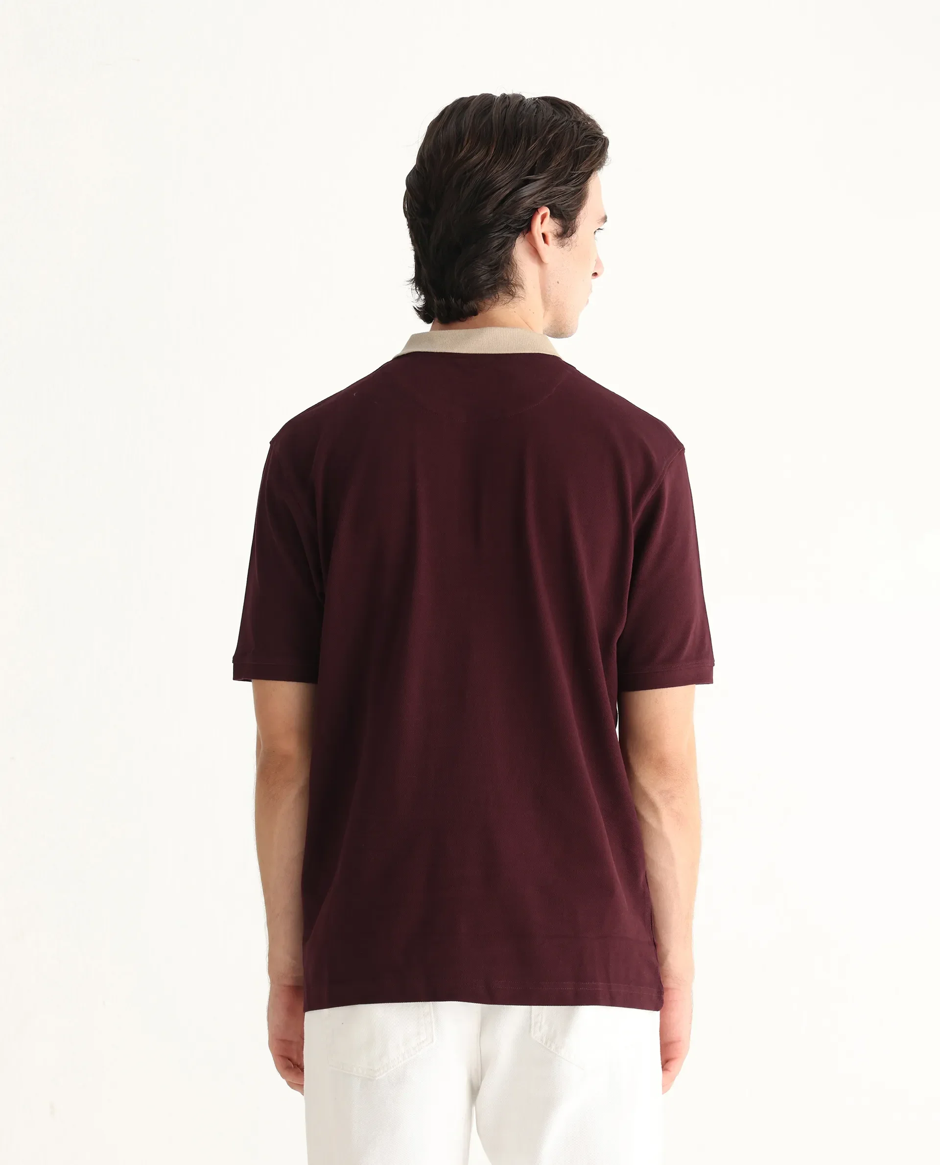 Rare Rabbit Men's Eldon Dark Maroon Cotton Plain Regular Fit Half Sleeve Polo - Image 8