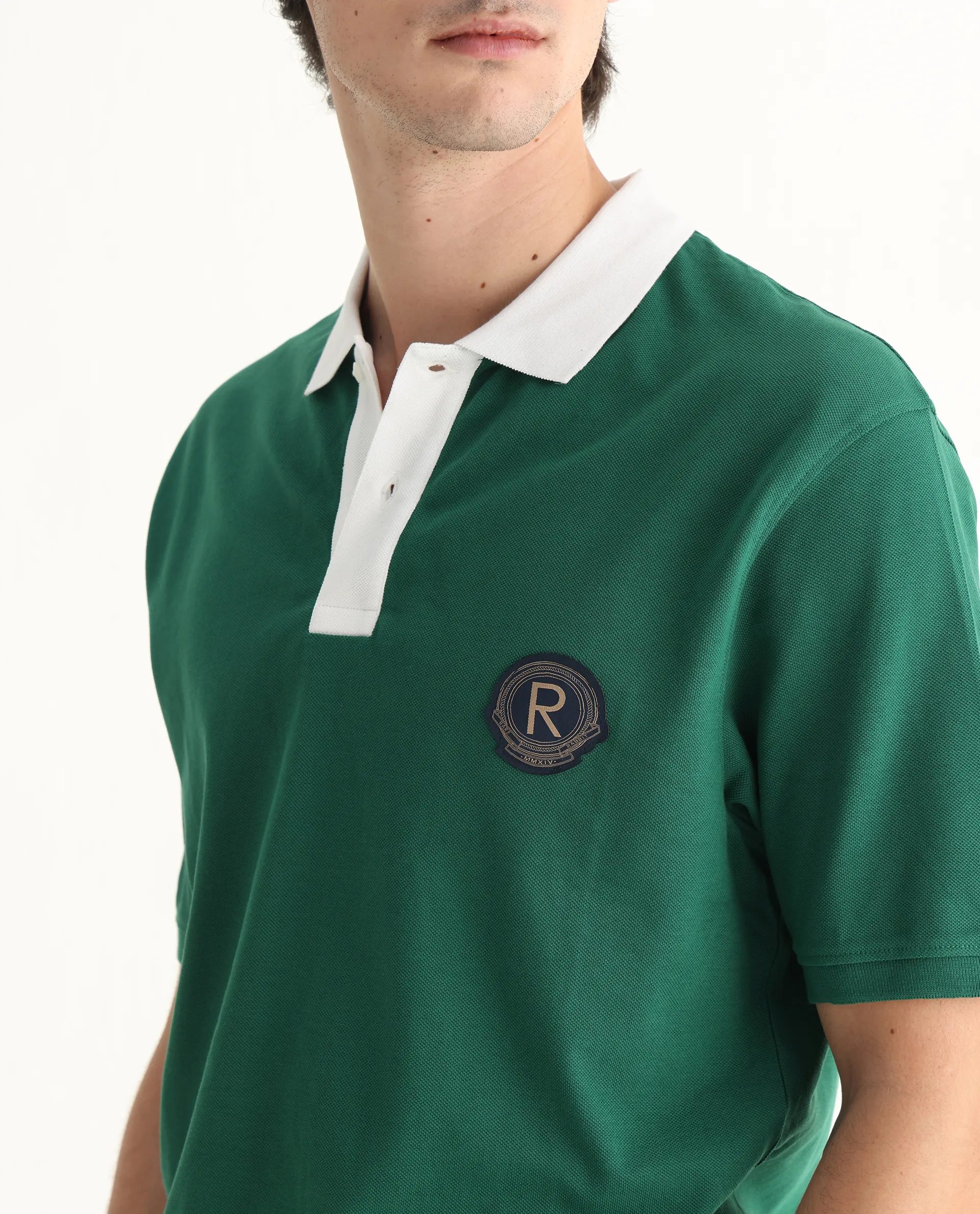Rare Rabbit Men's Eldon Green Cotton Plain Regular Fit Half Sleeve Polo - Image 3