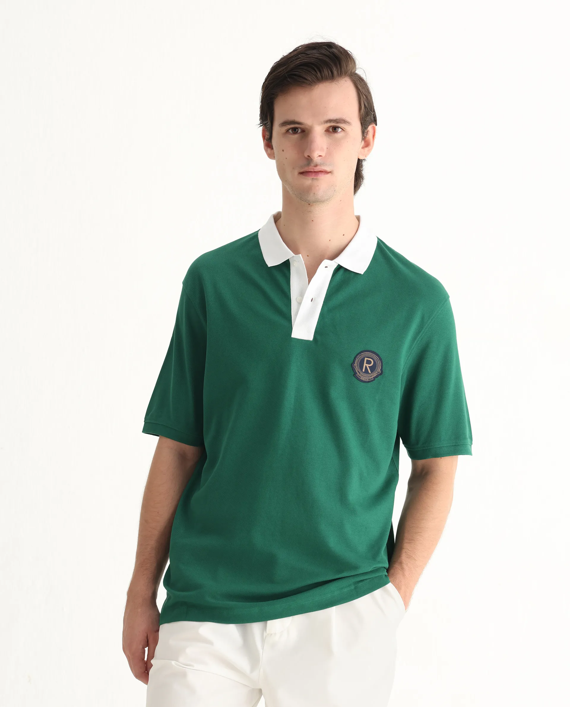 Rare Rabbit Men's Eldon Green Cotton Plain Regular Fit Half Sleeve Polo - Image 4