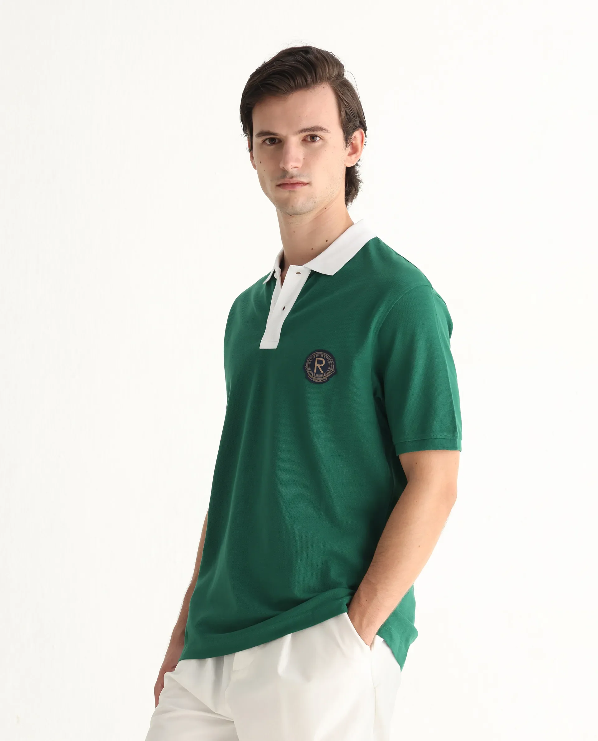 Rare Rabbit Men's Eldon Green Cotton Plain Regular Fit Half Sleeve Polo - Image 5