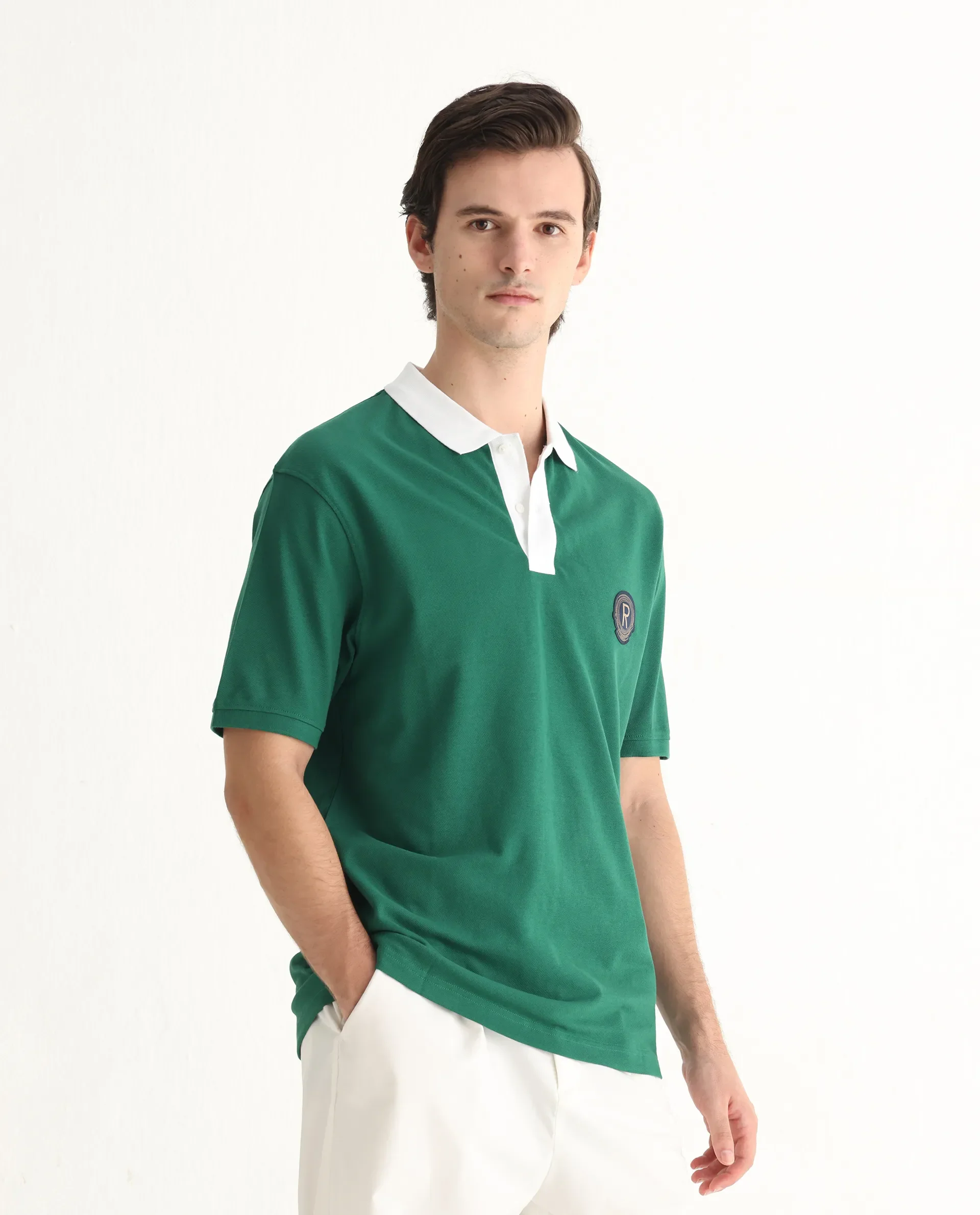 Rare Rabbit Men's Eldon Green Cotton Plain Regular Fit Half Sleeve Polo - Image 6