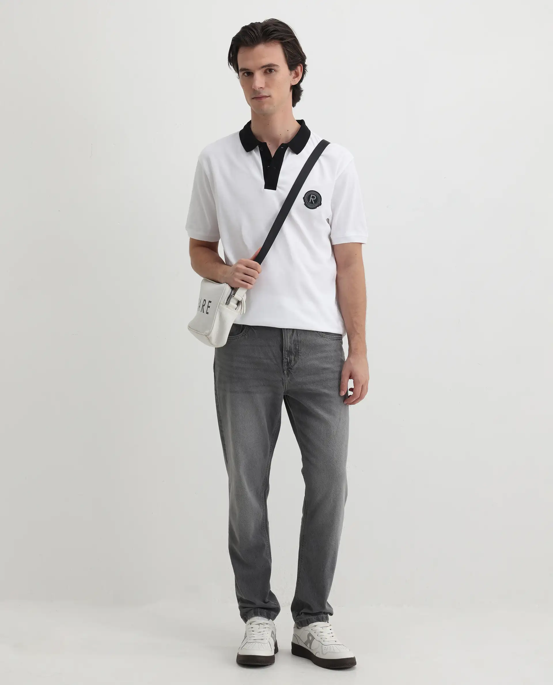Rare Rabbit Men's Eldon White Cotton Plain Regular Fit Half Sleeve Polo - Image 2