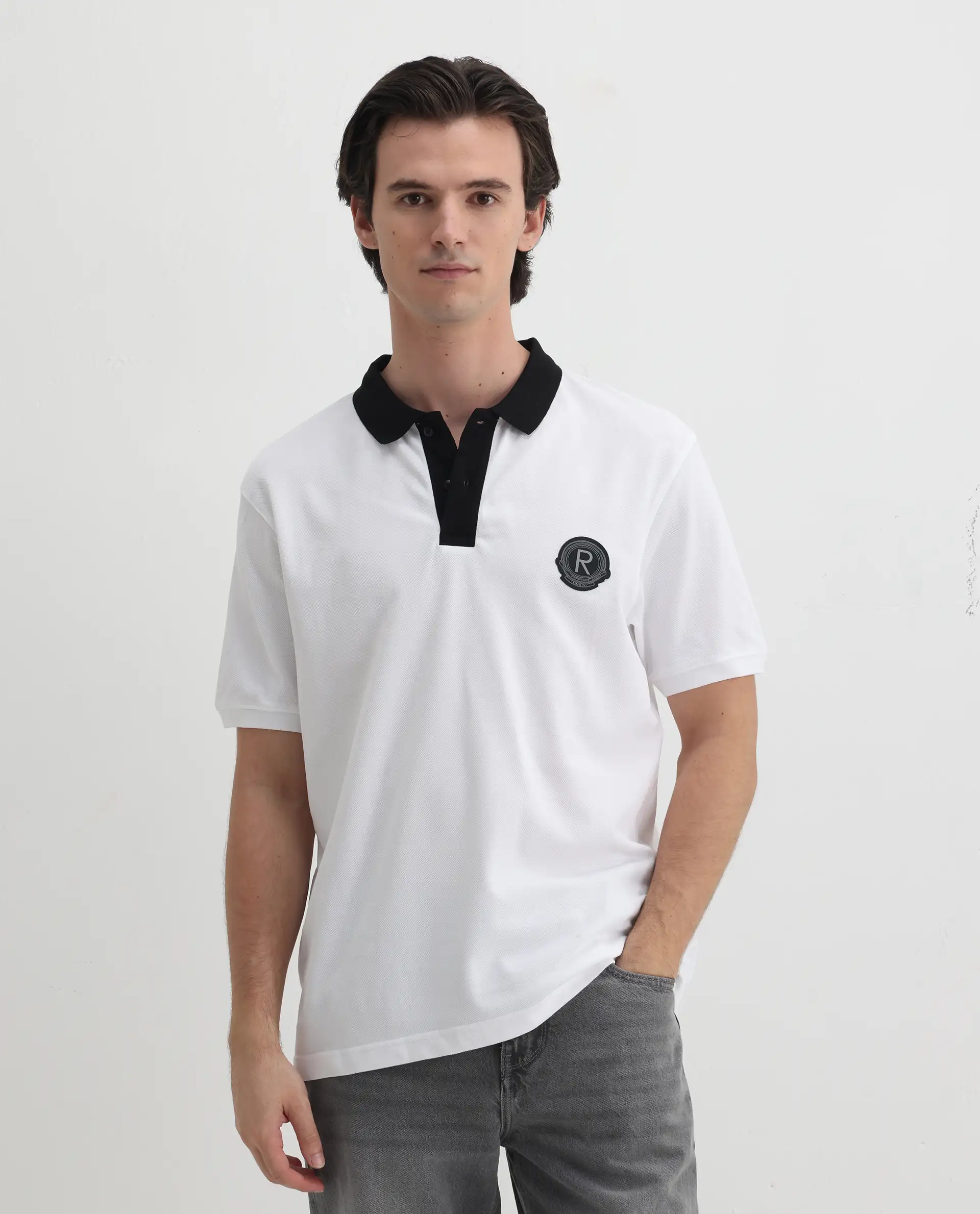 Rare Rabbit Men's Eldon White Cotton Plain Regular Fit Half Sleeve Polo - Image 8