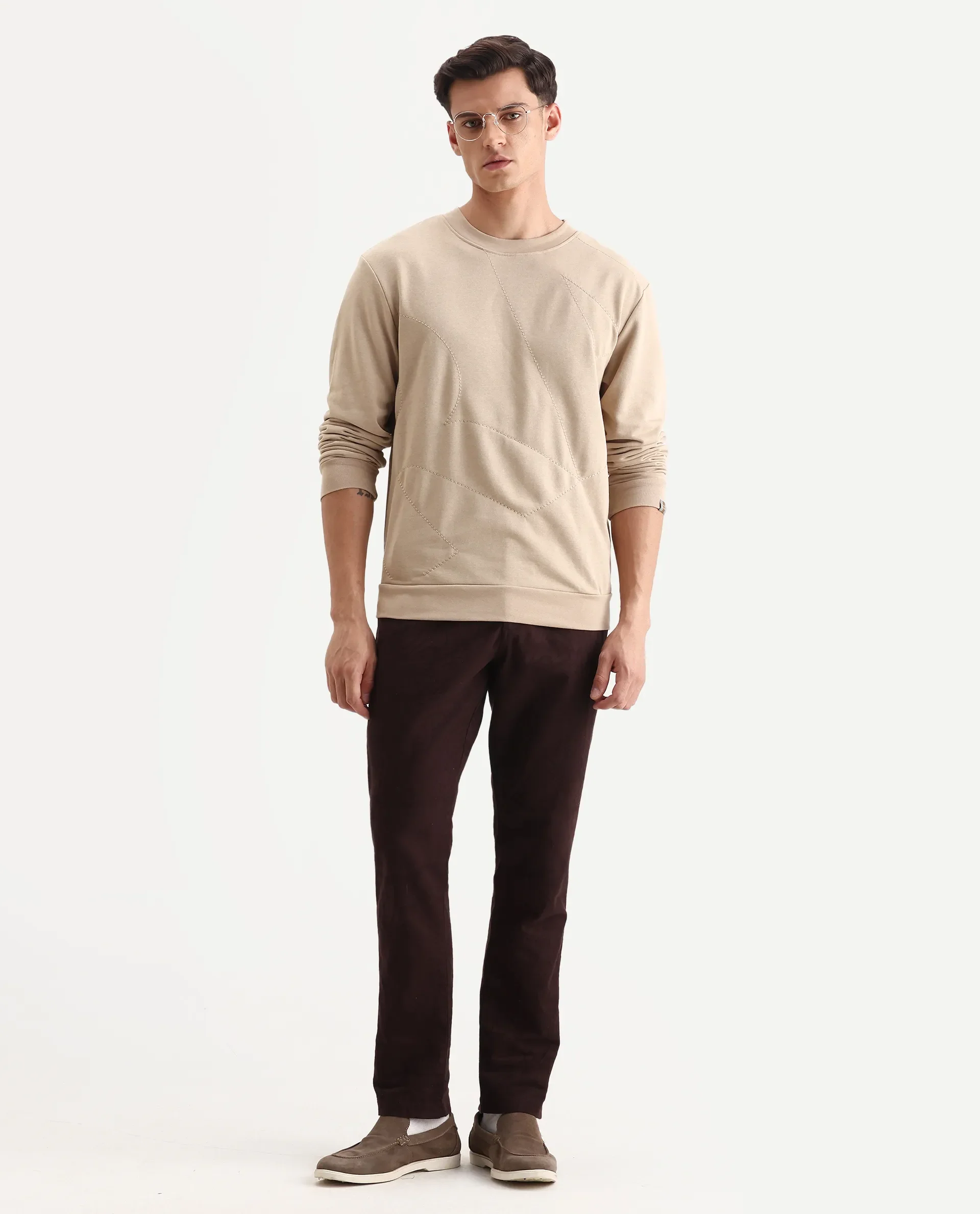 Rare Rabbit Men's Eldron Dusky Beige Cotton Embroidered Regular Fit Full Sleeve Crew Neck Sweatshirt - Image 2