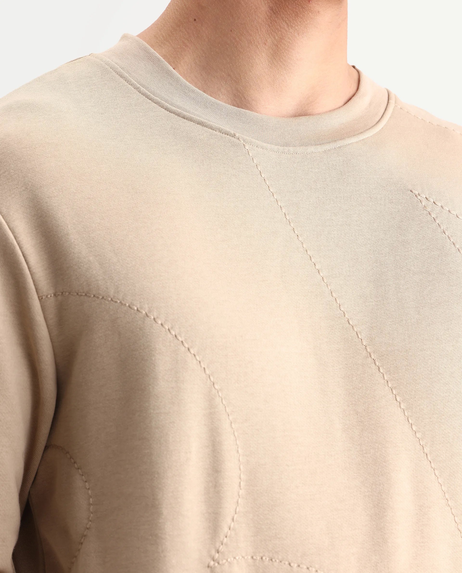 Rare Rabbit Men's Eldron Dusky Beige Cotton Embroidered Regular Fit Full Sleeve Crew Neck Sweatshirt - Image 3