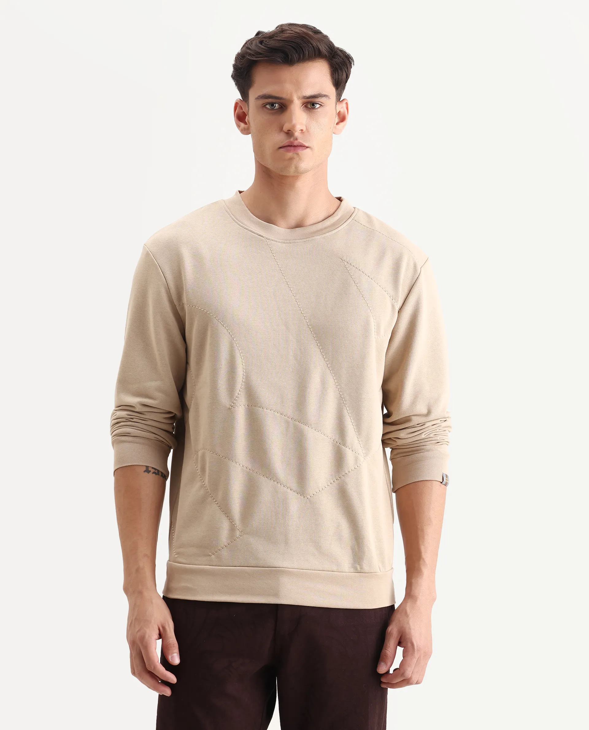 Rare Rabbit Men's Eldron Dusky Beige Cotton Embroidered Regular Fit Full Sleeve Crew Neck Sweatshirt - Image 4
