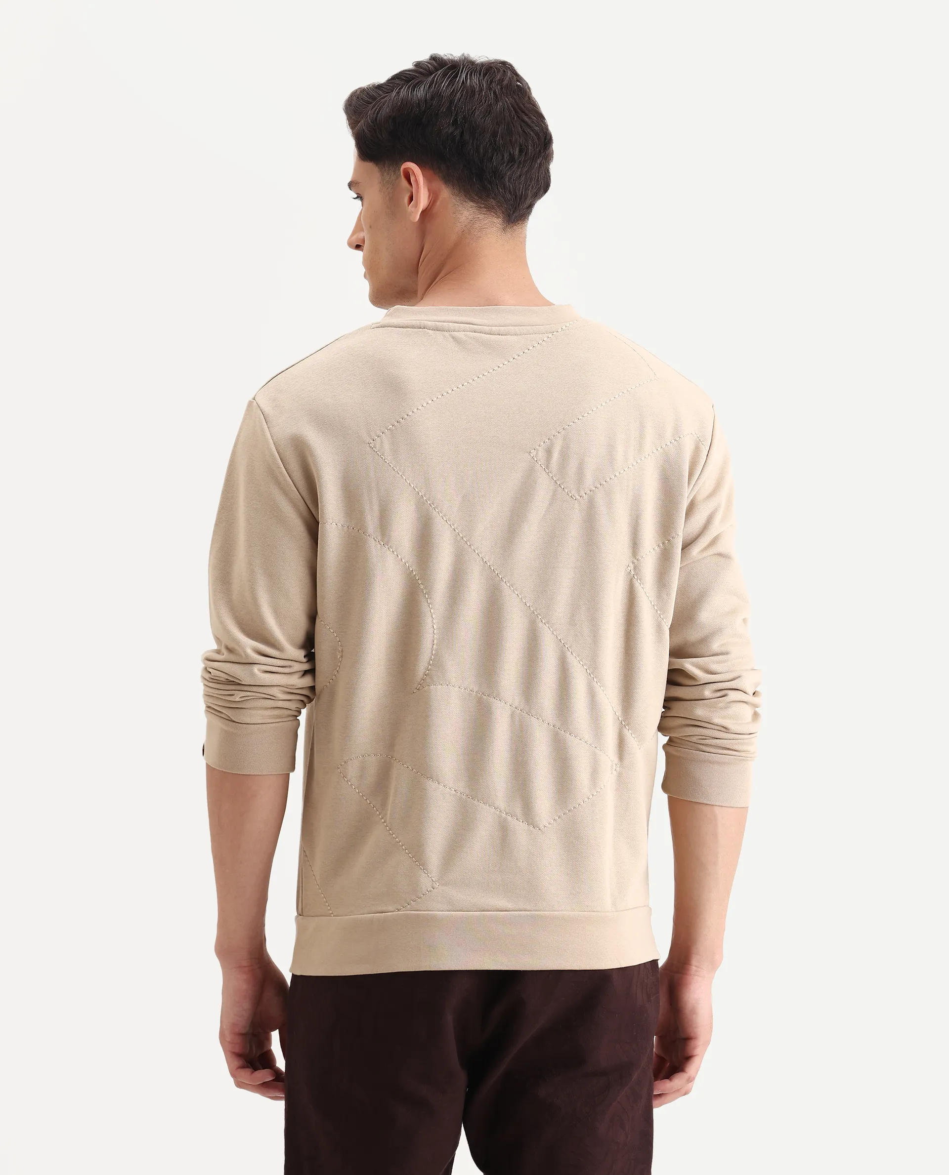 Rare Rabbit Men's Eldron Dusky Beige Cotton Embroidered Regular Fit Full Sleeve Crew Neck Sweatshirt - Image 7